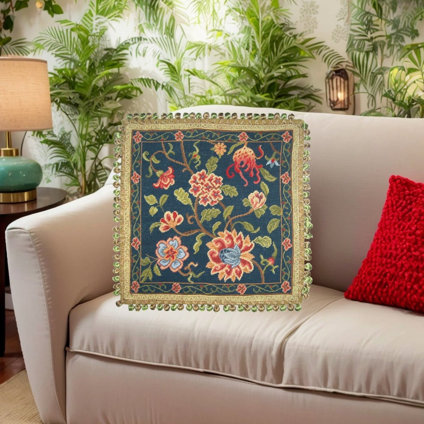 Handmade Wool Needlepoint Pillow Cover - Decorative Throw Cushion Cover - Vintage Floral Embroidery Design navy blue back Litchy flower 2 with blue heads with tassels