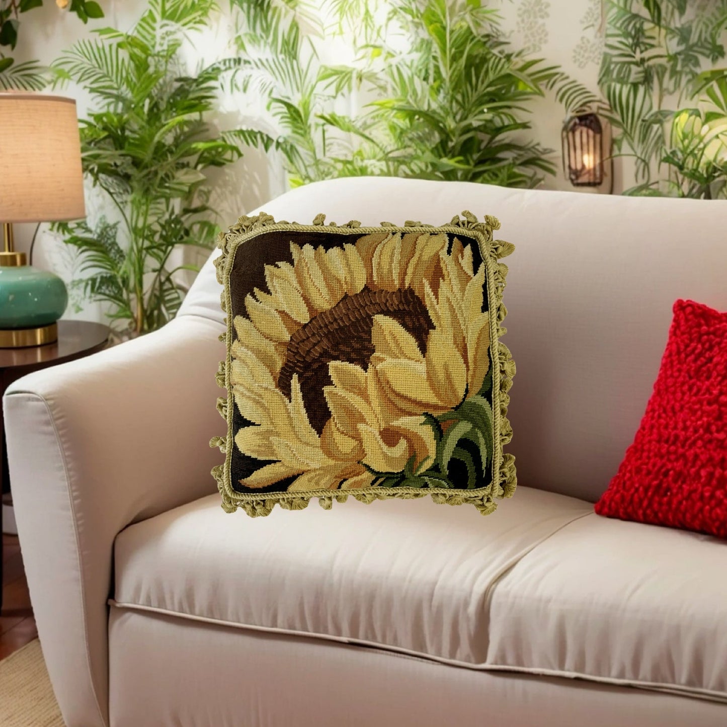 Handmade Wool Needlepoint Pillow Cover - Decorative Throw Cushion Cover - Vintage Floral Embroidery Designon yellow sunflower with tassels