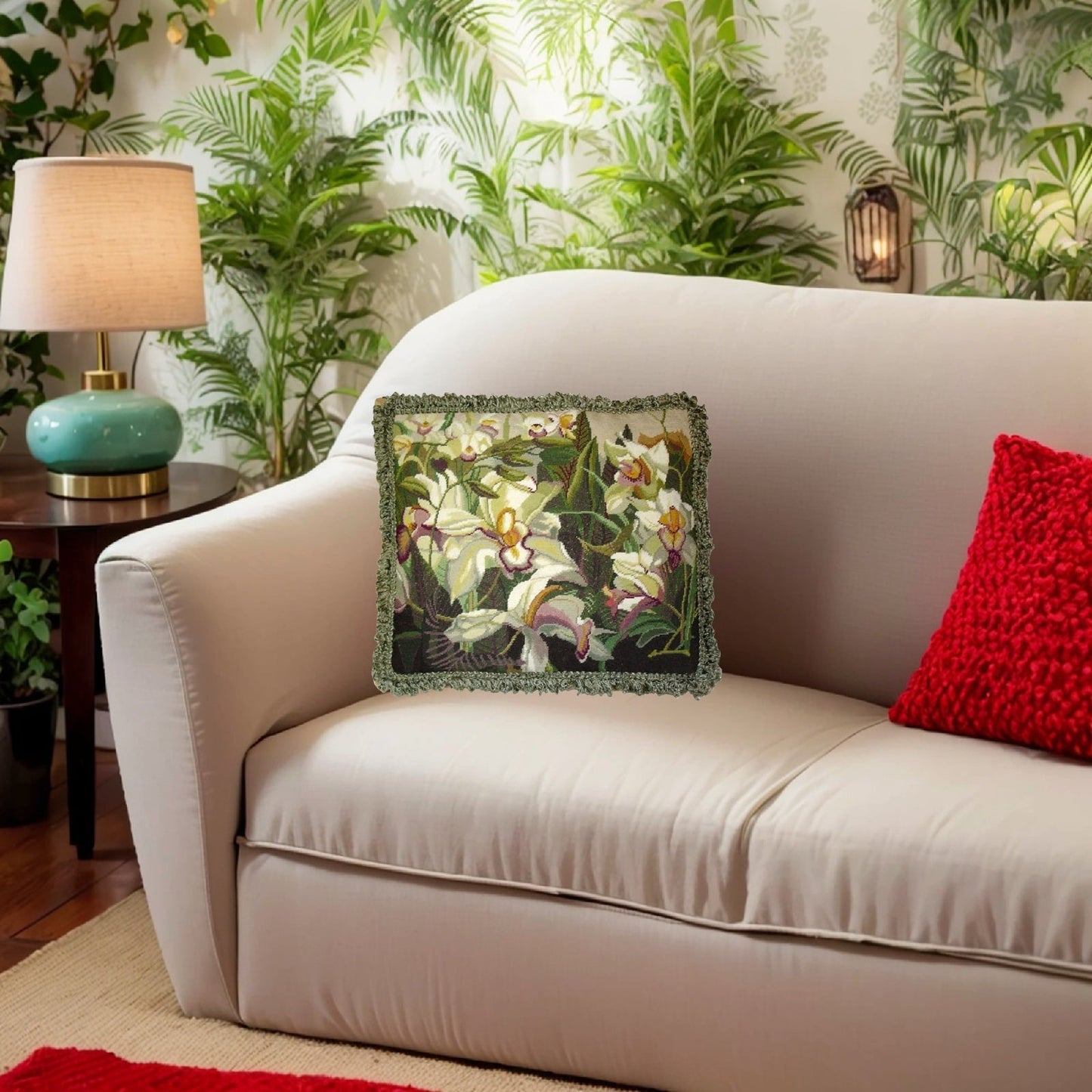 Handmade Wool Needlepoint Pillow Cover - Decorative Throw Cushion Cover - Vintage Floral Embroidery Design  Iris in shade of  ivory, pink purple, yellow green, with green tassels