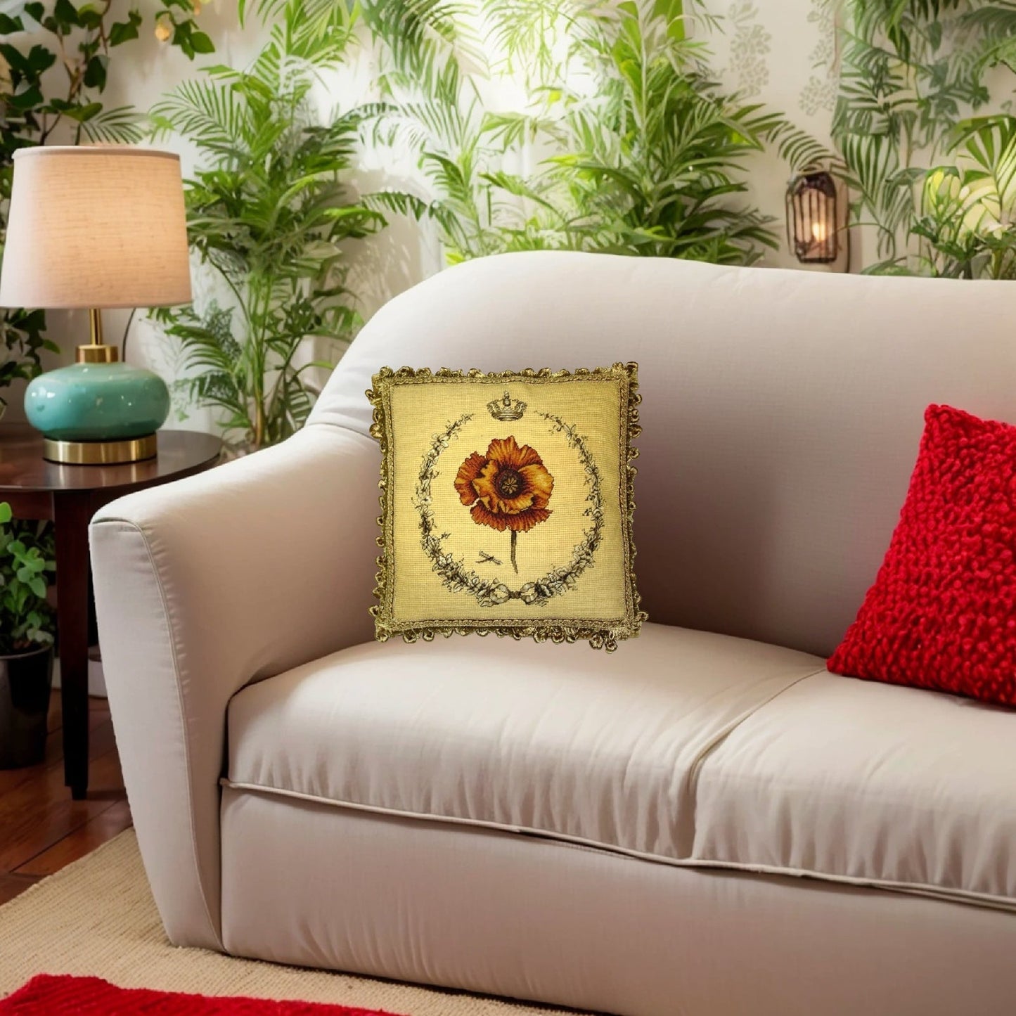 Handmade Wool Needlepoint Pillow Cover - Decorative Throw Cushion Cover - Vintage Floral Embroidery Design pansies