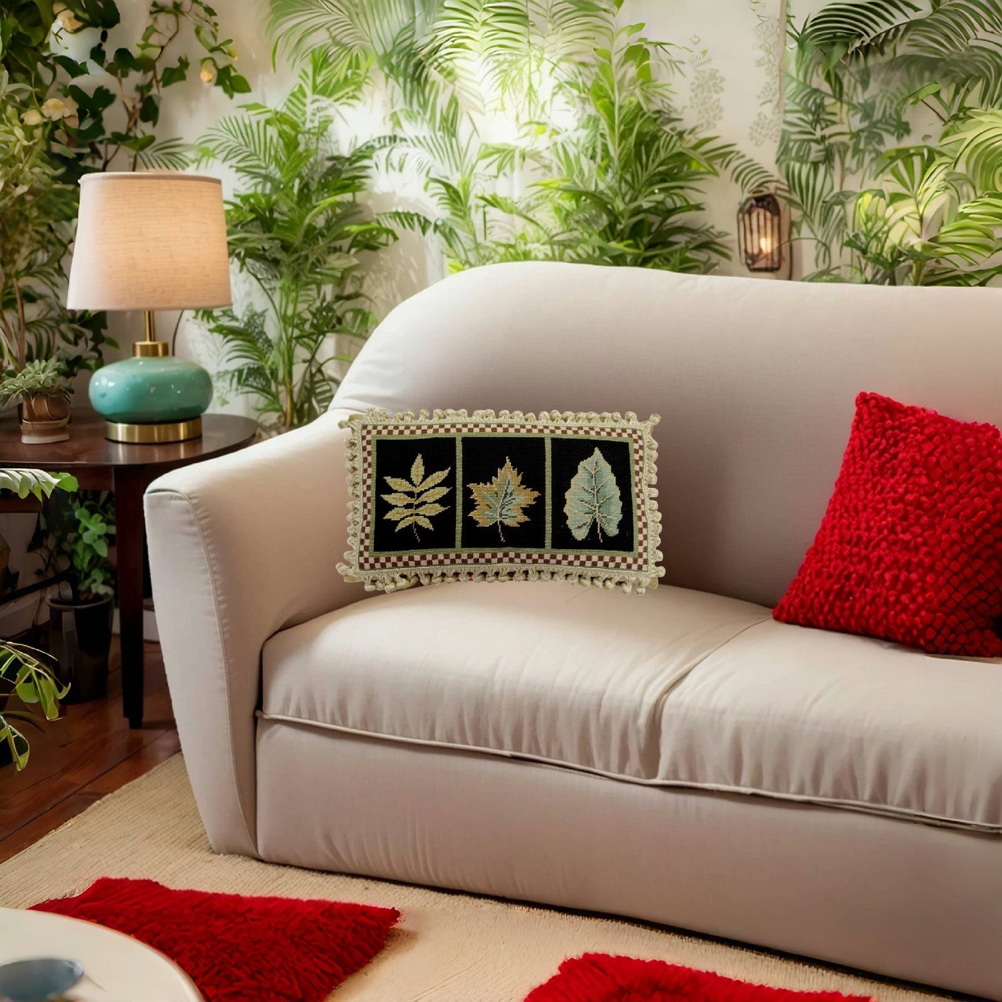 Handmade Wool Needlepoint Pillow Cover - Decorative Throw Cushion Cover - Vintage Floral Embroidery Design 3, S-L, leaves black background with tassels