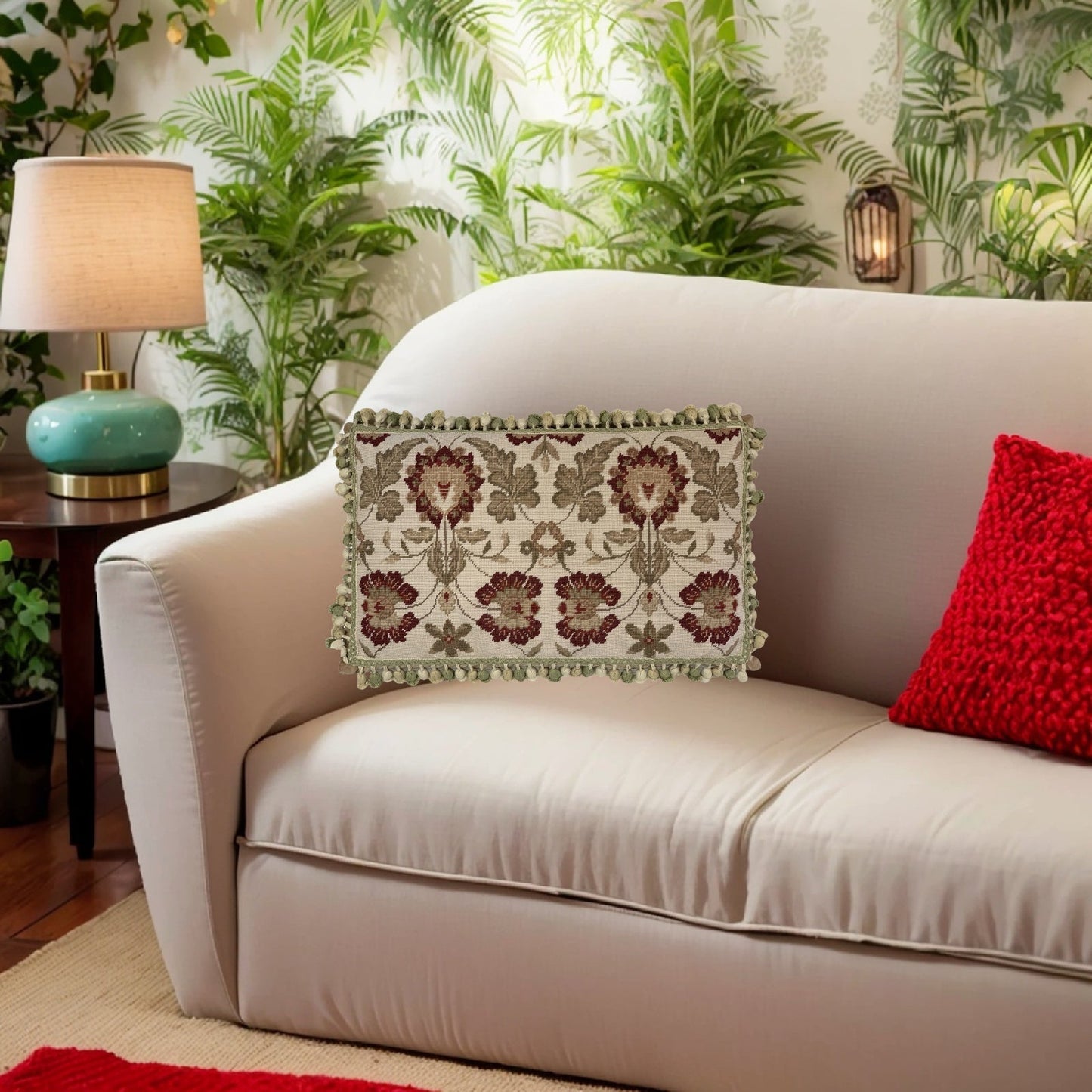 Handmade Wool Needlepoint Pillow Cover - Decorative Throw Cushion Cover - Vintage Floral Embroidery Designleaves red flowers with 3 color tassels