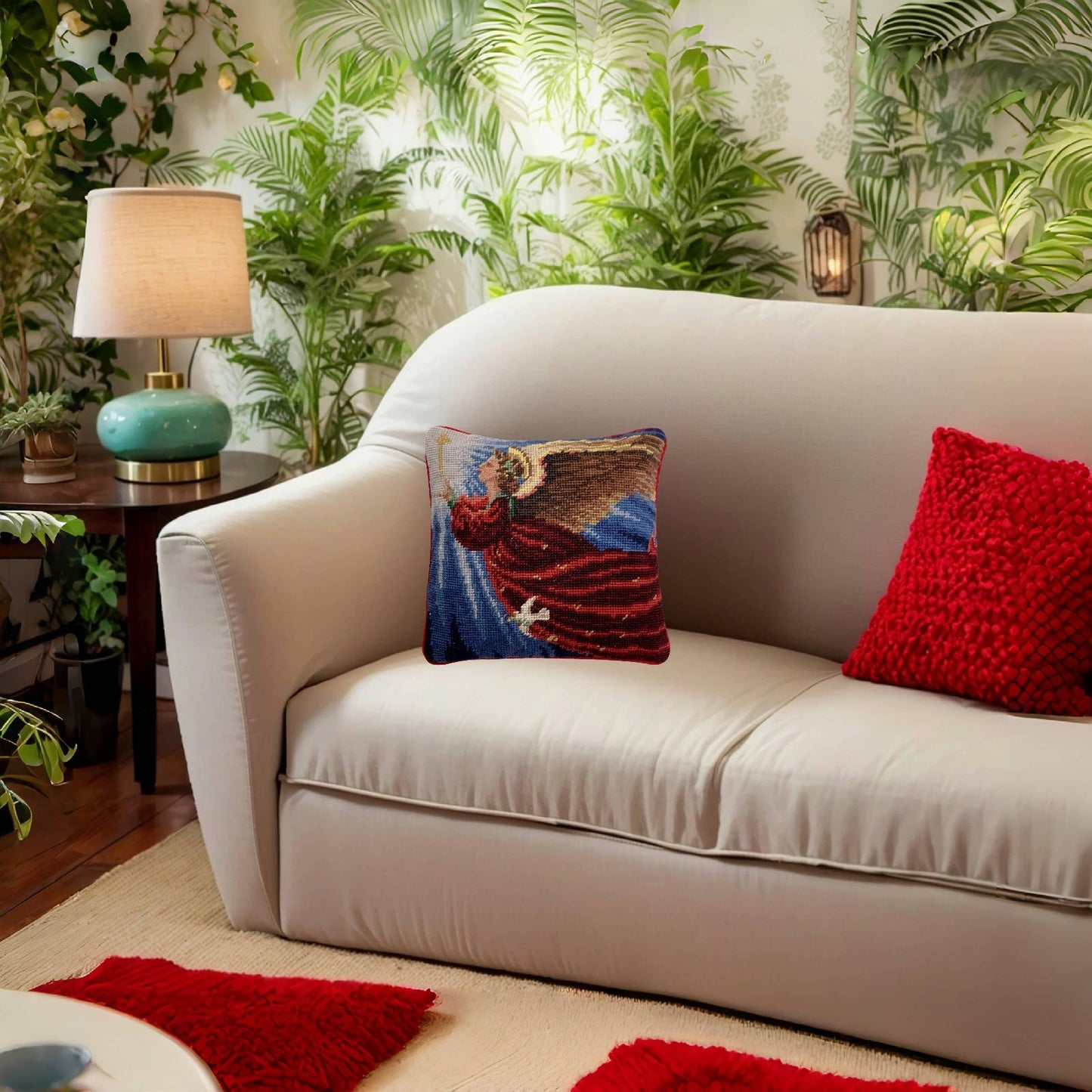 Handmade Wool Needlepoint Pillow Cover - Decorative Throw Cushion Cover - Vintage Floral Embroidery Design Finest Petipoint Angle 1