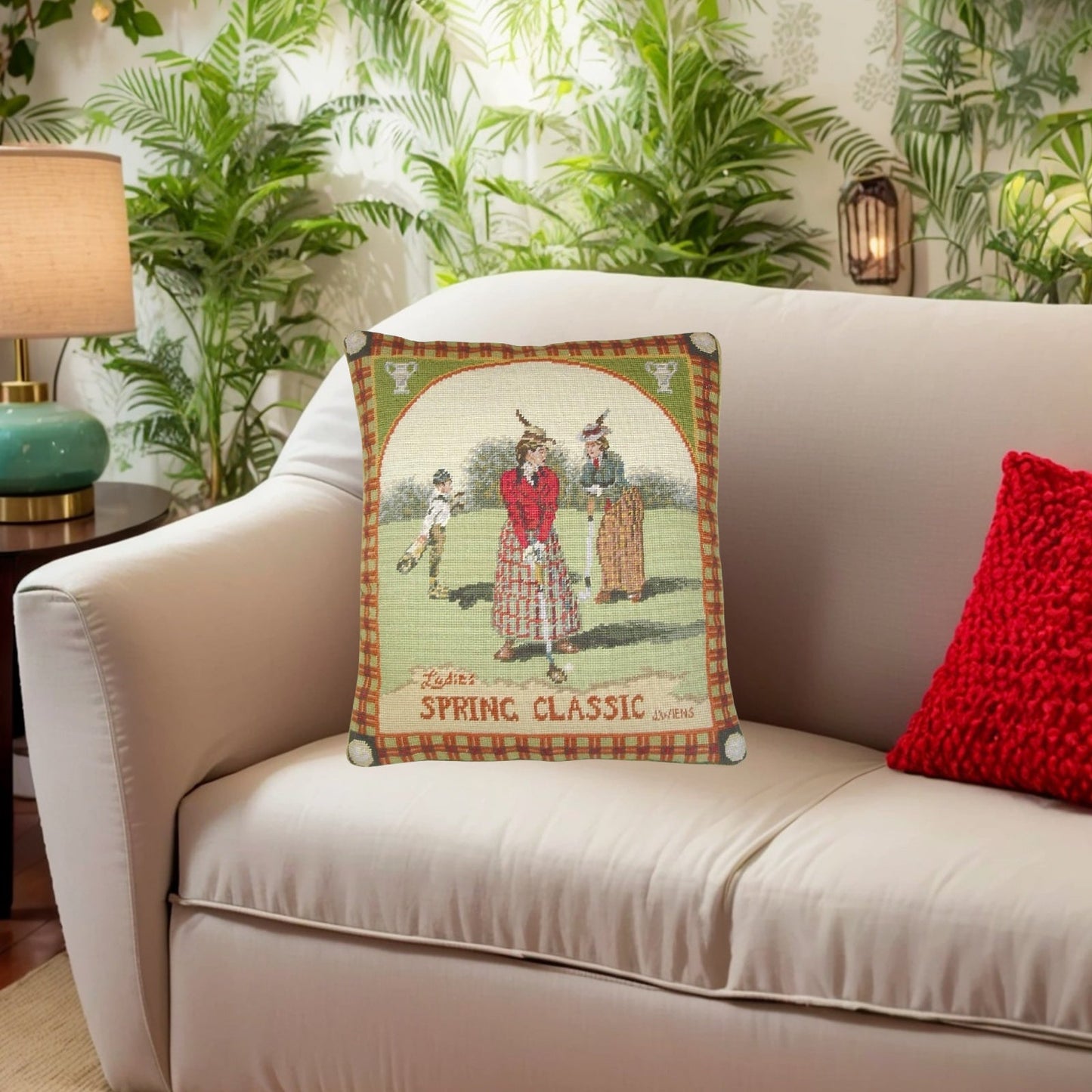 Handmade Wool Needlepoint Pillow Cover - Decorative Throw Cushion Cover - Vintage Floral Embroidery Design James Wiens Spring Classic women golf