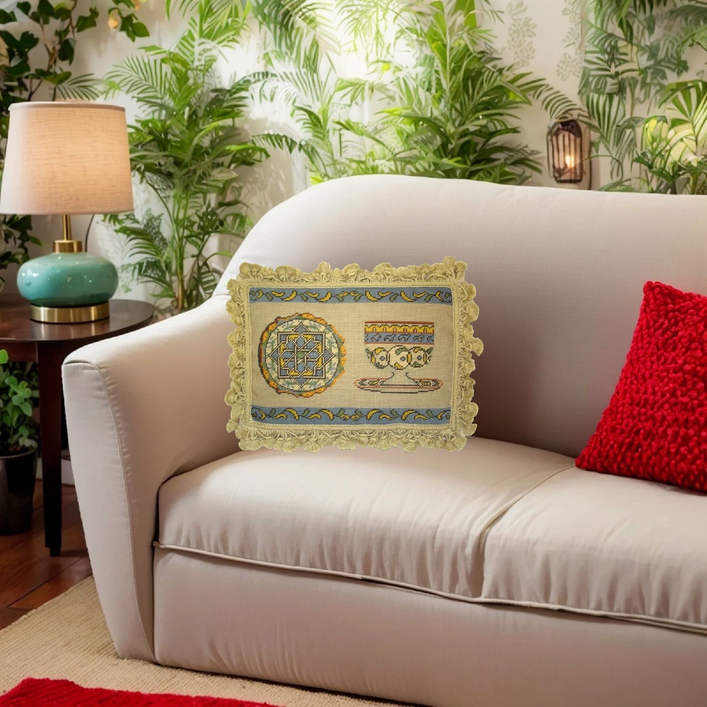 Handmade Wool Needlepoint Pillow Cover - Decorative Throw Cushion Cover - Vintage Floral Embroidery Design  French antique tea cup set with tassels