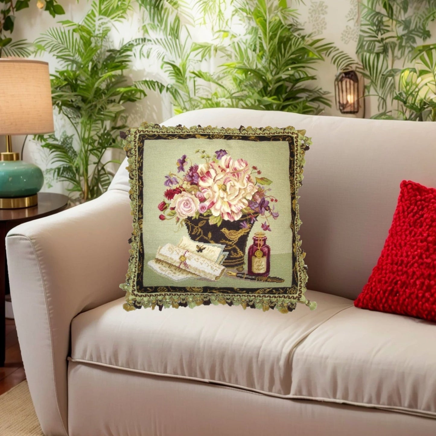 Handmade Wool Needlepoint Pillow Cover - Decorative Throw Cushion Cover - Vintage Floral Embroidery Design Kathryn White Design g