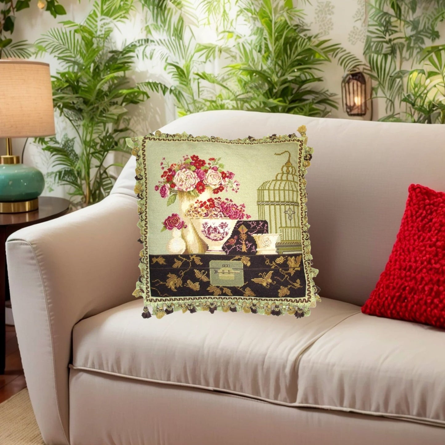 Handmade Wool Needlepoint Pillow Cover - Decorative Throw Cushion Cover - Vintage Floral Embroidery Design Kathryn White Design I