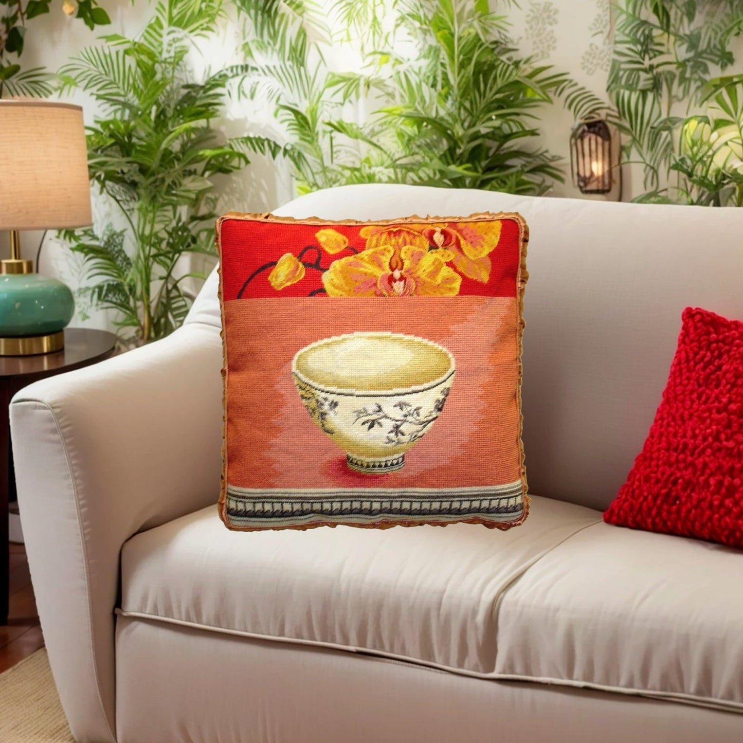 Handmade Wool Needlepoint Pillow Cover - Decorative Throw Cushion Cover - Vintage Floral Embroidery Design  Kathryn White Design N