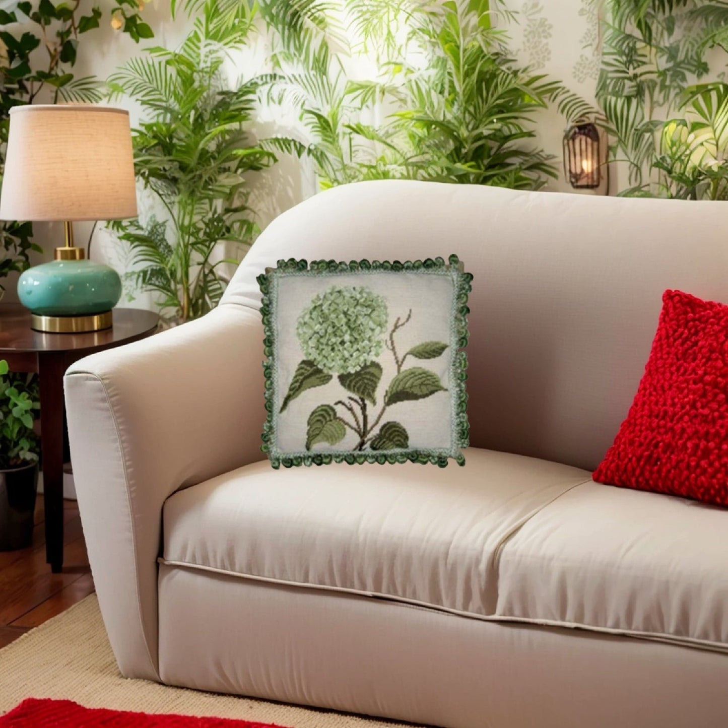 Handmade Wool Needlepoint Pillow Cover - Decorative Throw Cushion Cover - Vintage Floral Embroidery Design green hydrangea with green/white tassels