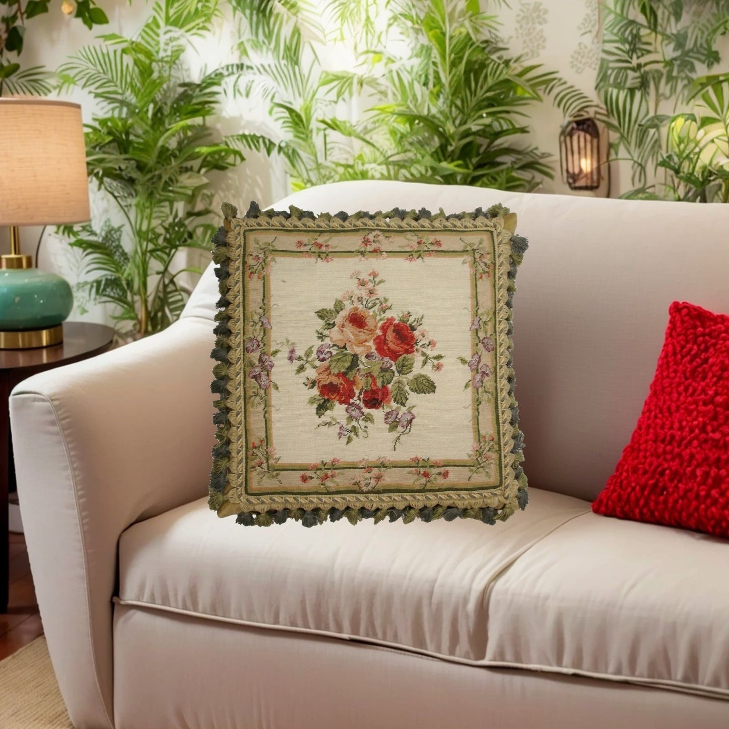 Handmade Wool Needlepoint Pillow Cover - Decorative Throw Cushion Cover - Vintage Floral Embroidery Design  center roses small flowers around board 2 color back & tassel