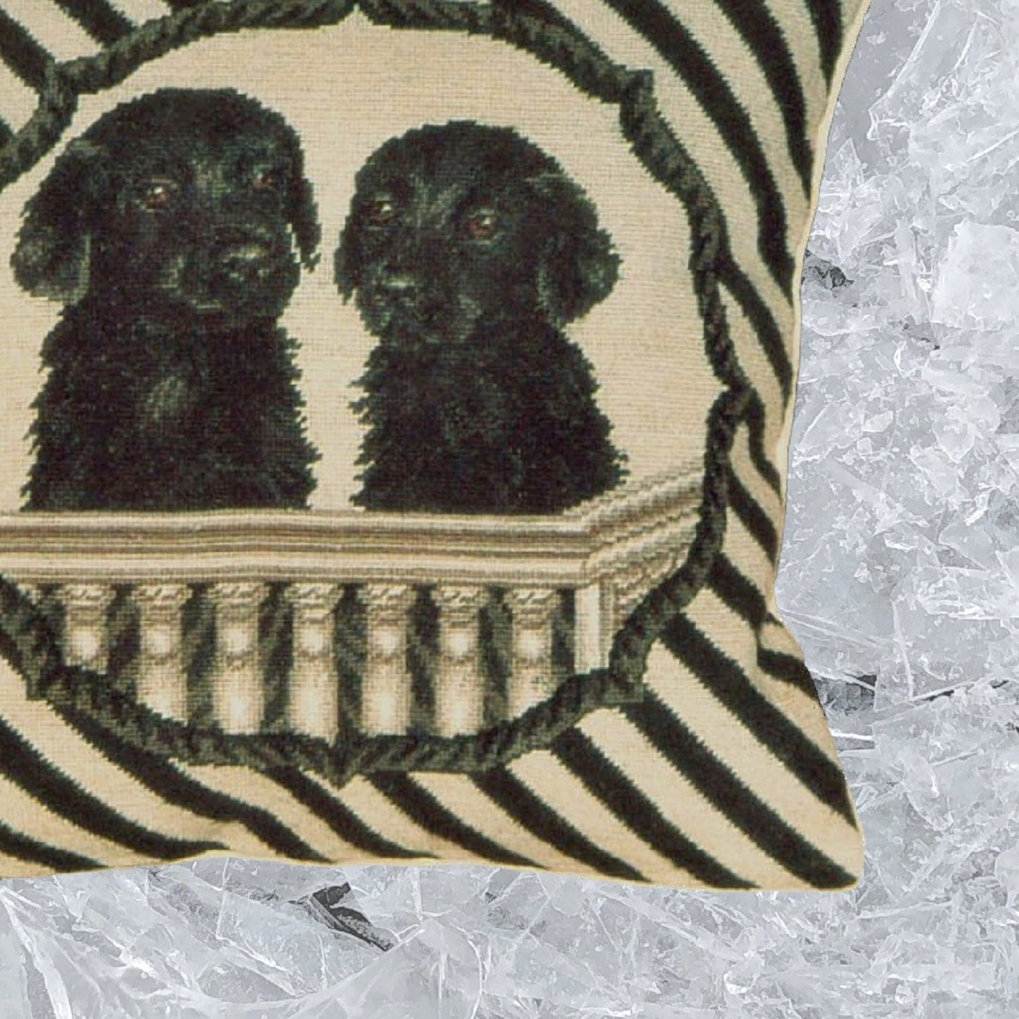 Handmade Wool Needlepoint Pillow Cover - Decorative Throw Cushion Cover - Vintage Floral Embroidery Design twin black Labrador in balcony