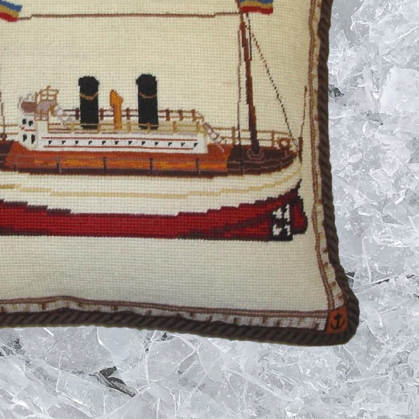 Handmade Wool Needlepoint Pillow Cover - Decorative Throw Cushion Cover - Vintage Floral Embroidery Design boat with brown cording