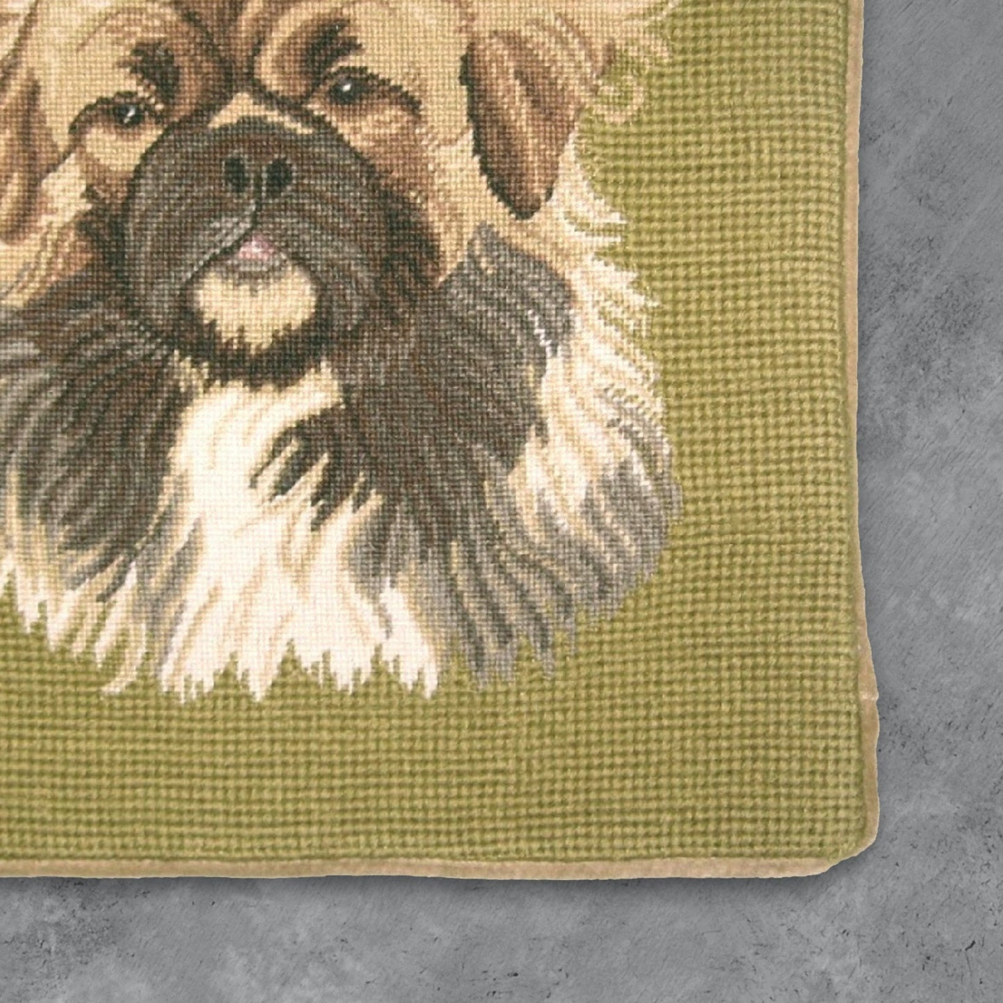 Handmade Wool Needlepoint Pillow Cover - Decorative Throw Cushion Cover - Vintage Floral Embroidery Design Pekinese
