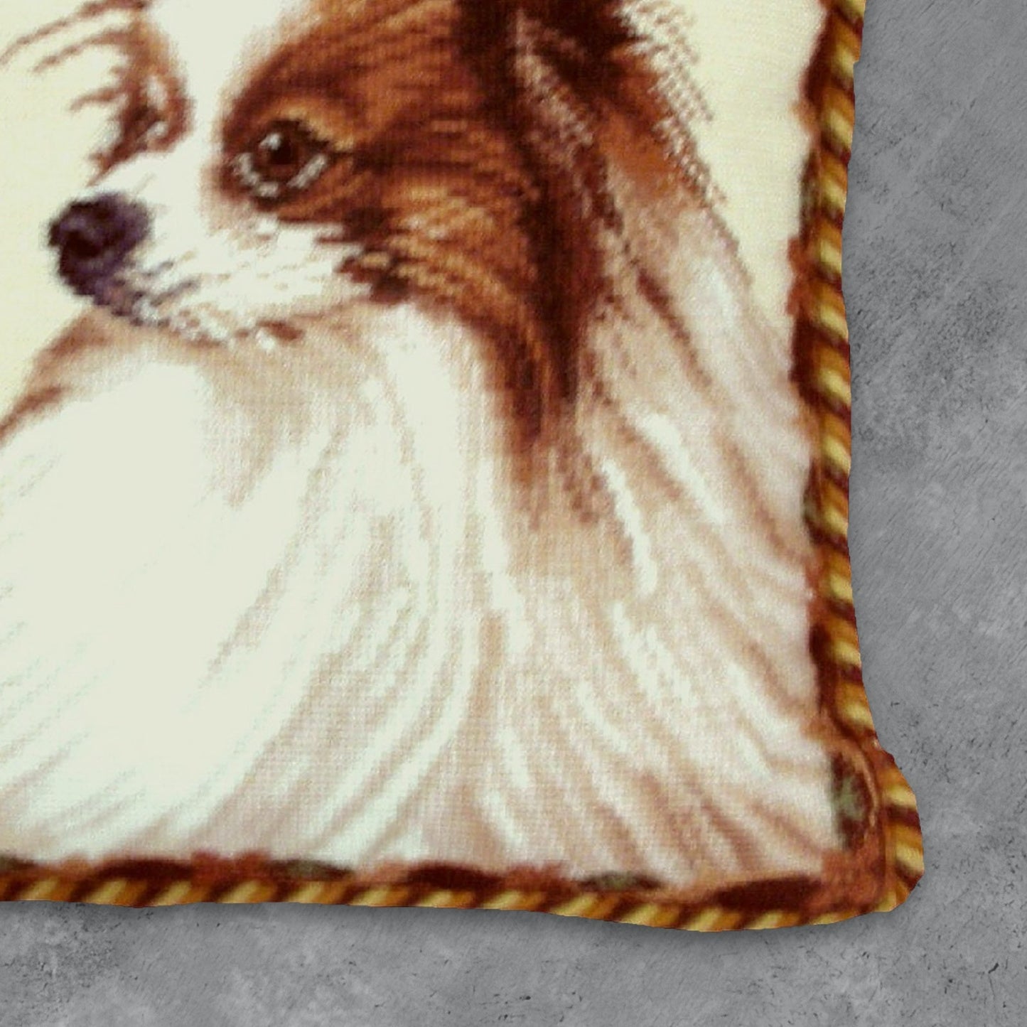 Handmade Wool Needlepoint Pillow Cover - Decorative Throw Cushion Cover - Vintage Floral Embroidery Design brown Papilon with cording