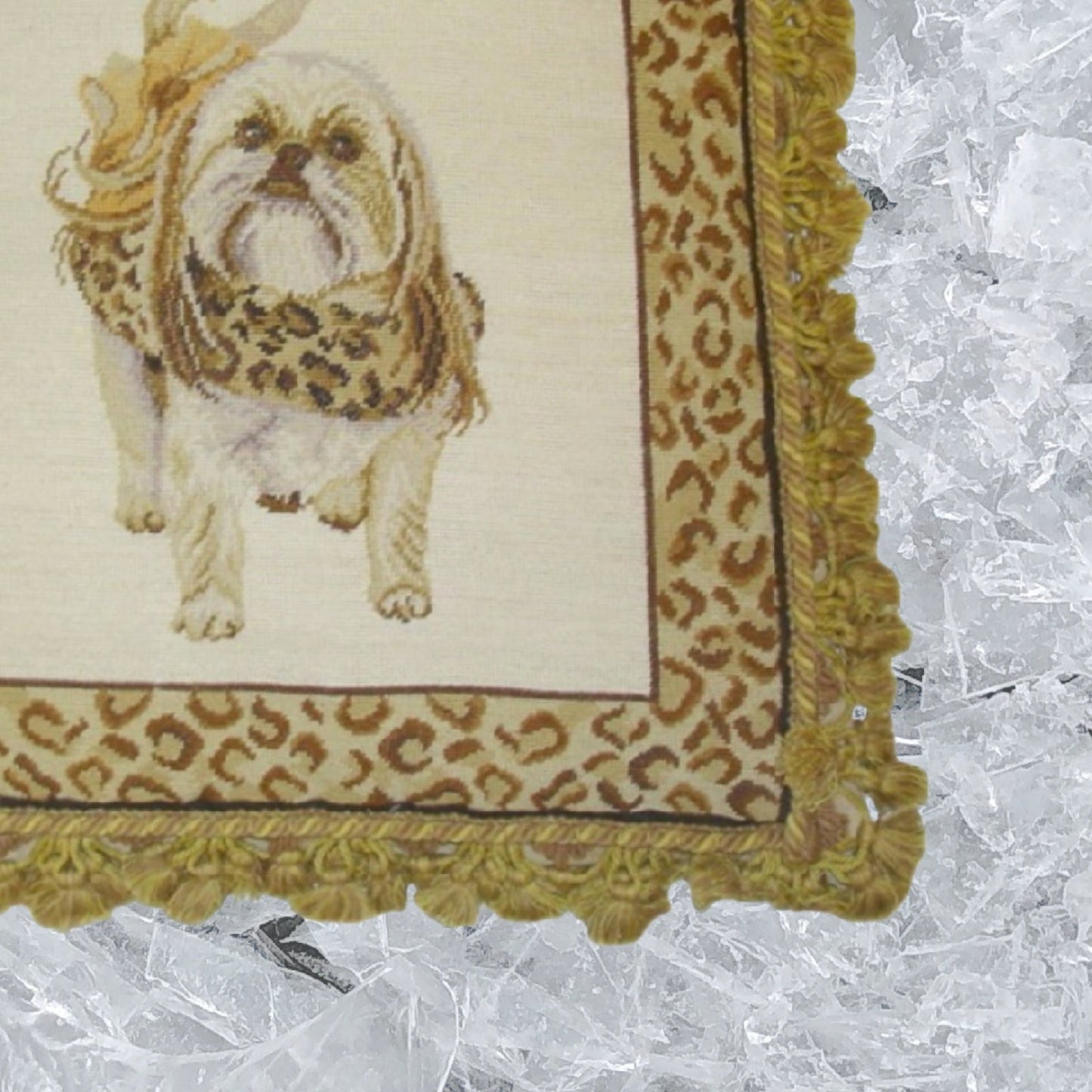 Handmade Wool Needlepoint Pillow Cover - Decorative Throw Cushion Cover - Vintage Floral Embroidery Design Shih-Tzu ware the animal print scarf with 2 color tassel