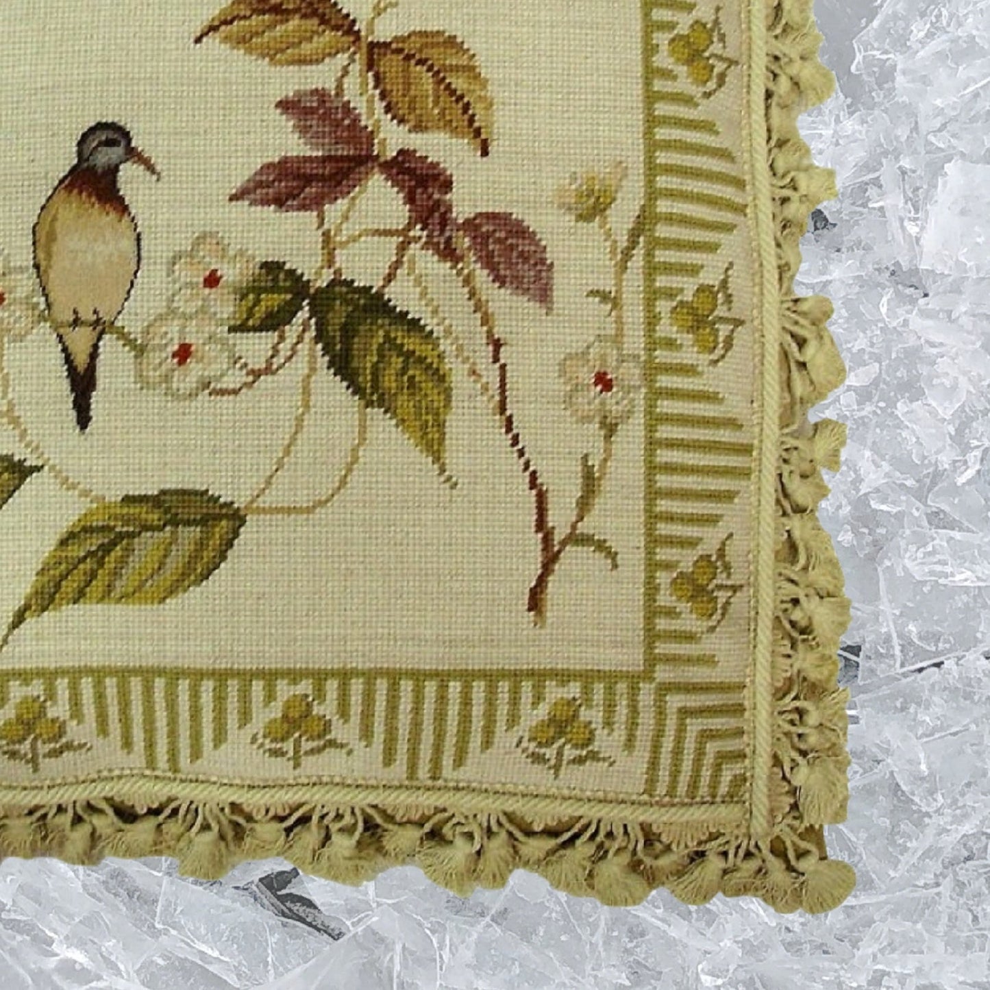 Handmade Wool Needlepoint Pillow Cover - Decorative Throw Cushion Cover - Vintage Floral Embroidery Design 1 Bird & Been flower)