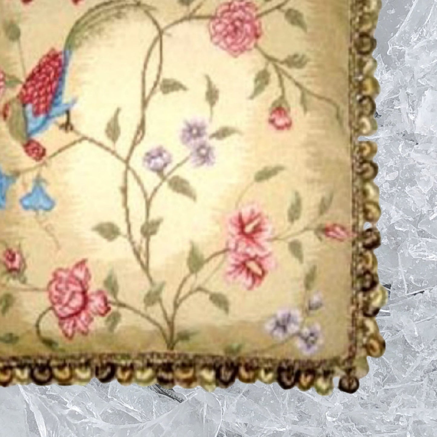 Handmade Wool Needlepoint Pillow Cover - Decorative Throw Cushion Cover - Vintage Floral Embroidery Design red/blue phoenix & plum in blossom with 3 color tassels 1
