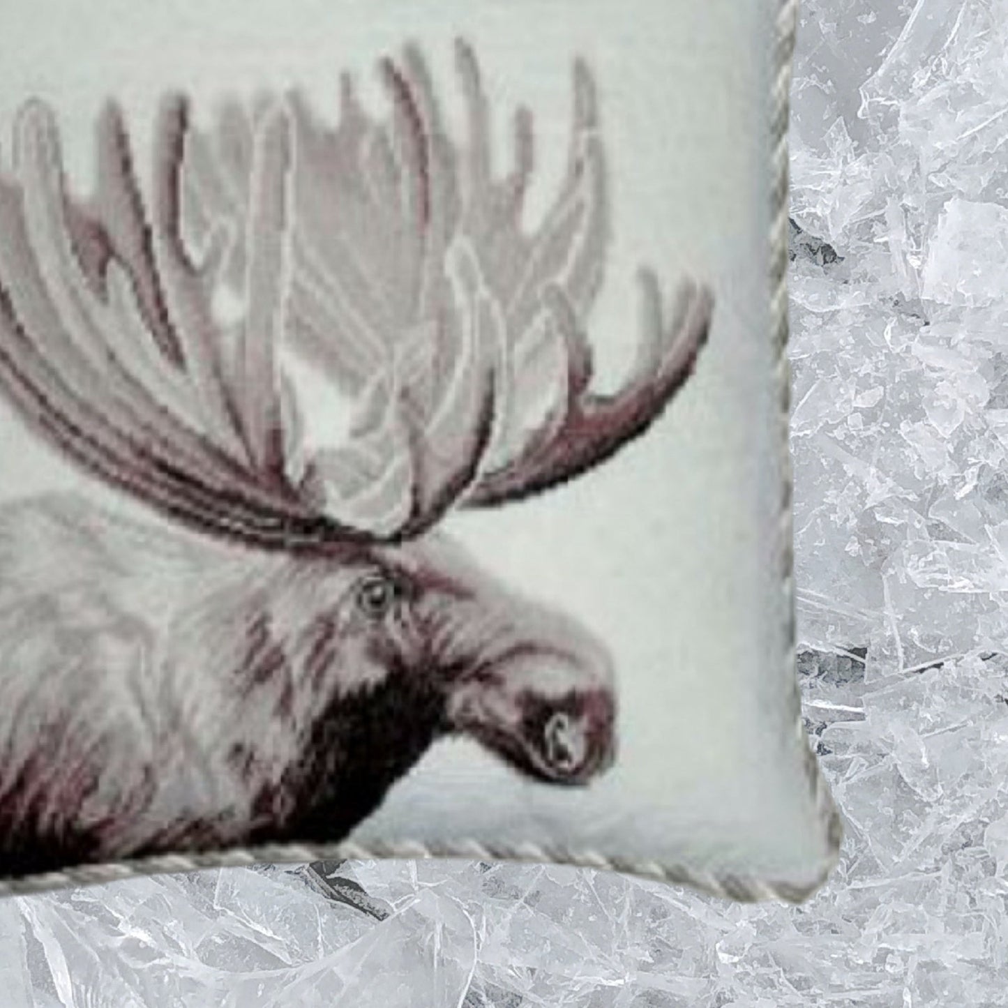 Handmade Wool Needlepoint Pillow Cover - Decorative Throw Cushion Cover - Vintage Floral Embroidery Design Moose side with 3 color cording