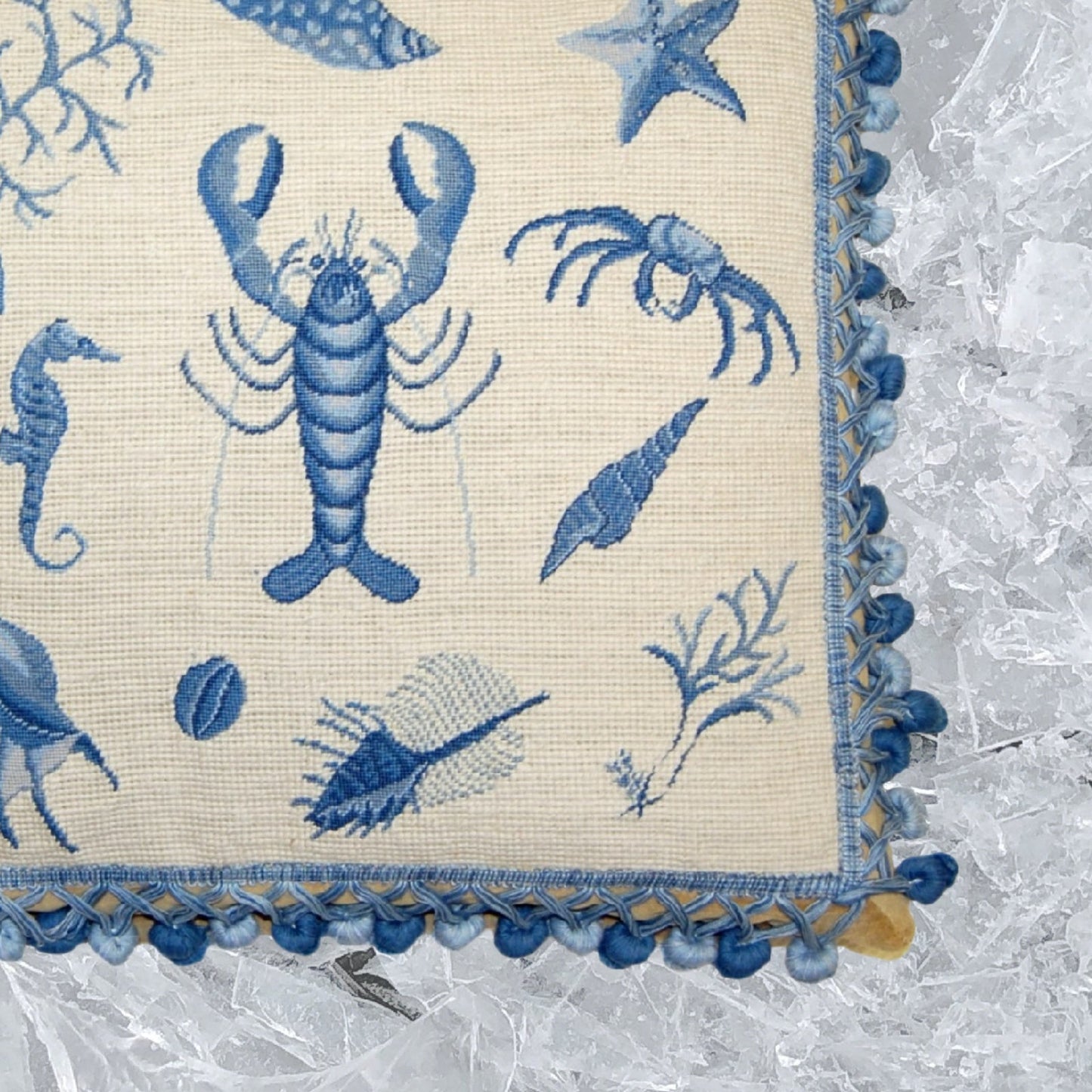 Handmade Wool Needlepoint Pillow Cover - Decorative Throw Cushion Cover - Vintage Floral Embroidery Design Fienst blue robster with tassels