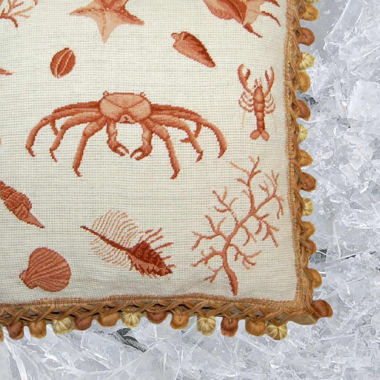 Handmade Wool Needlepoint Pillow Cover - Decorative Throw Cushion Cover - Vintage Floral Embroidery Design Fienst brown crab with tassels
