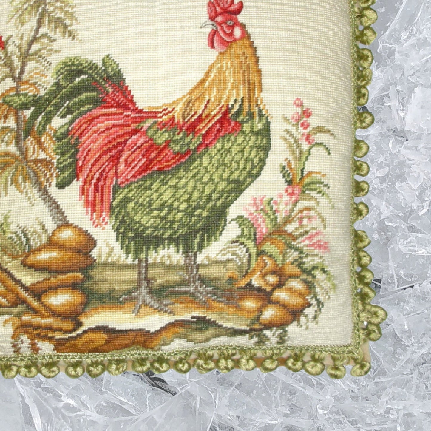 Handmade Wool Needlepoint Pillow Cover - Decorative Throw Cushion Cover - Vintage Floral Embroidery Design roosters face backgound with 2 color tassels