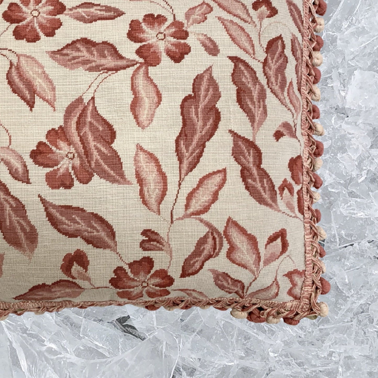 Handmade Wool Needlepoint Pillow Cover - Decorative Throw Cushion Cover - Vintage Floral Embroidery Design red leaves with tassel