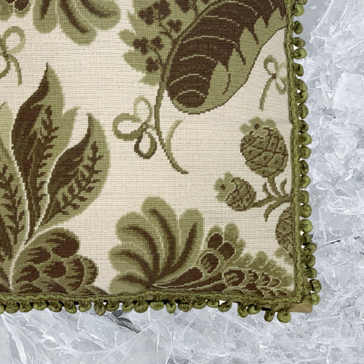 Handmade Wool Needlepoint Pillow Cover - Decorative Throw Cushion Cover - Vintage Floral Embroidery Design olive-brown tropical leaves with tassels