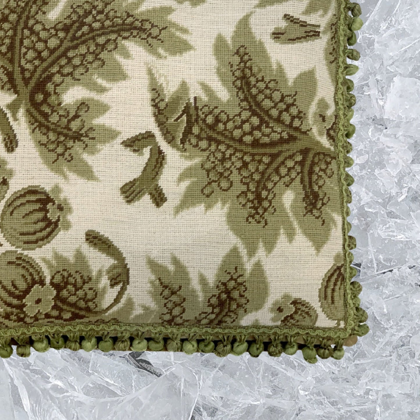 Handmade Wool Needlepoint Pillow Cover - Decorative Throw Cushion Cover - Vintage Floral Embroidery Design olive grapes leaves ivory background with tassels