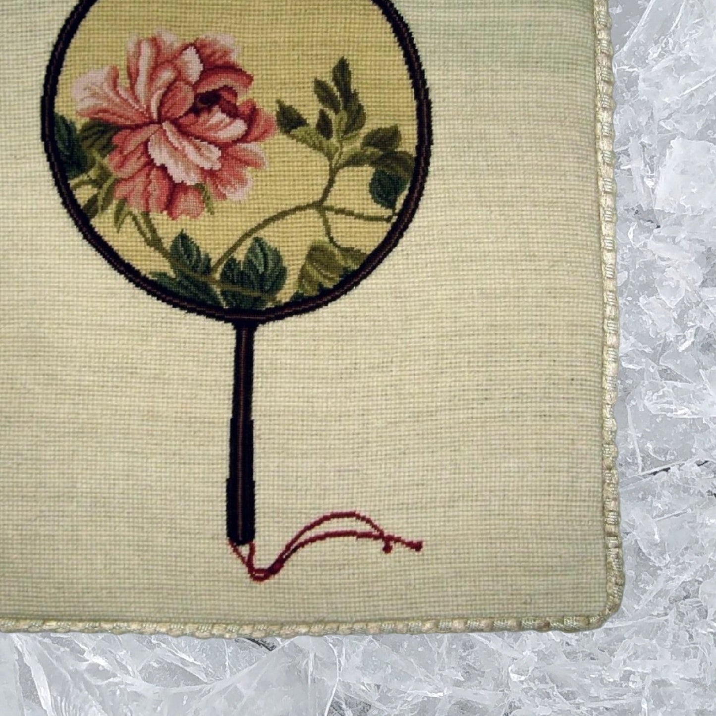 Handmade Wool Needlepoint Pillow Cover - Decorative Throw Cushion Cover - Vintage Floral Embroidery Design pink peony in the Chinese fan with checker border