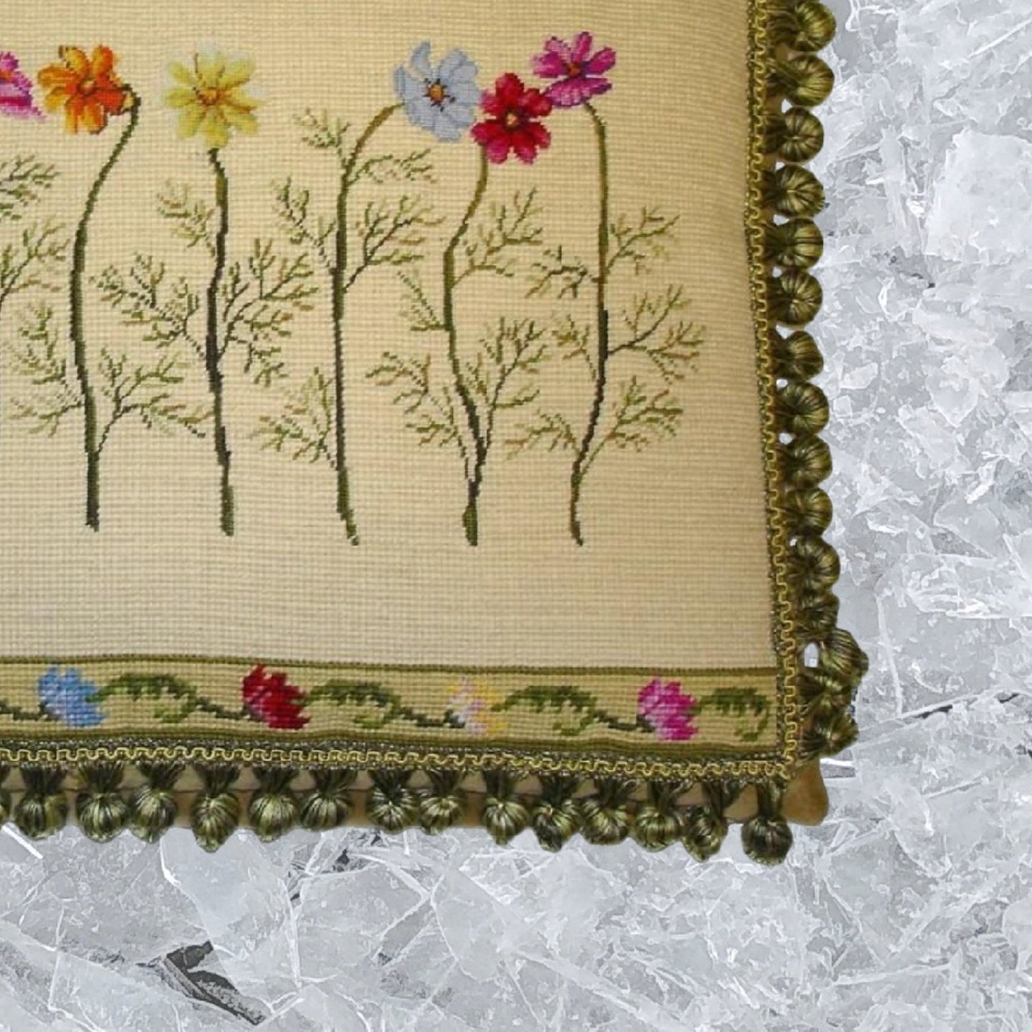 Handmade Wool Needlepoint Pillow Cover - Decorative Throw Cushion Cover - Vintage Floral Embroidery Design with 2 color tassel II