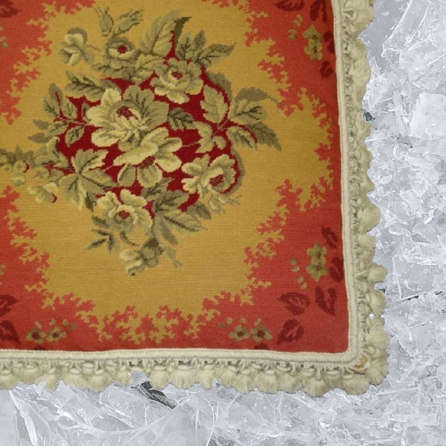 Handmade Wool Needlepoint Pillow Cover - Decorative Throw Cushion Cover - Vintage Floral Embroidery Design All central floral red frame with nature tassels