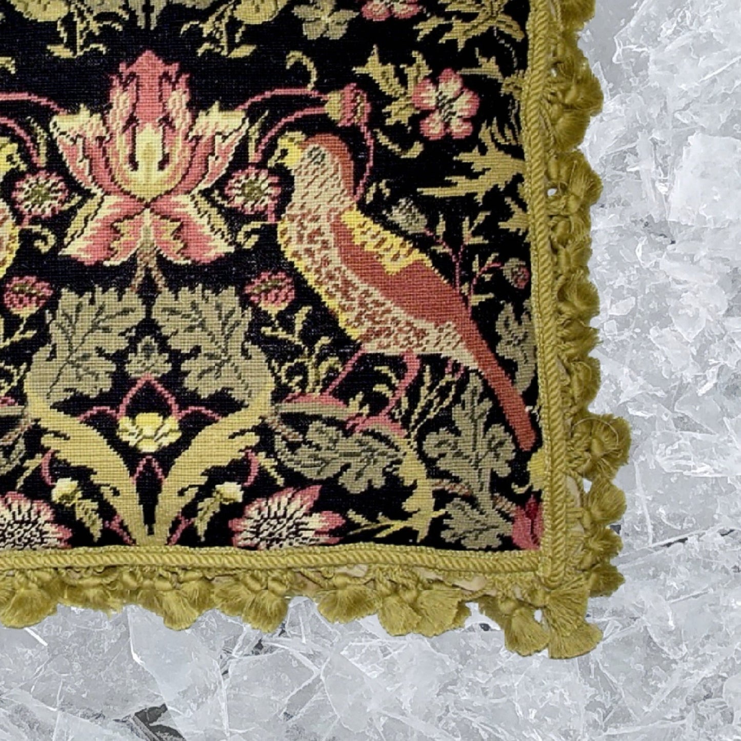 Handmade Wool Needlepoint Pillow Cover - Decorative Throw Cushion Cover - Vintage Floral Embroidery Design William Moris design 2 pink birds dark navy background gold tassels