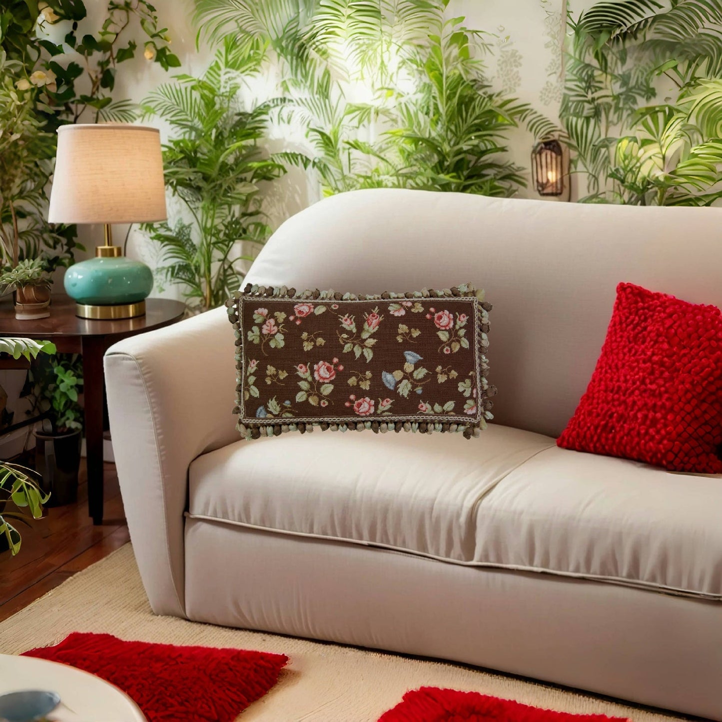 Handmade Wool Needlepoint Pillow Cover - Decorative Throw Cushion Cover - Vintage Floral Embroidery Design  pink roses brown back with tassels