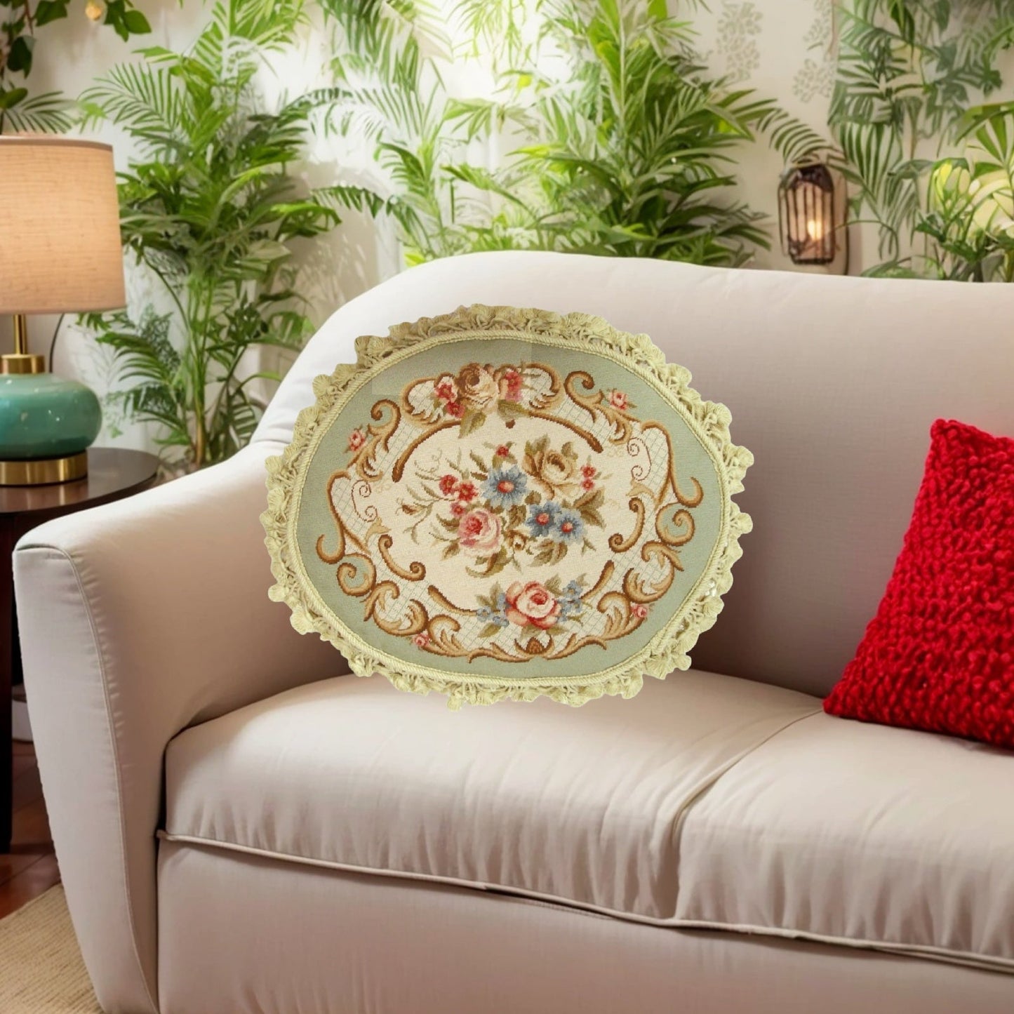Handmade Wool Needlepoint Pillow Cover - Decorative Throw Cushion Cover - Vintage Floral Embroidery Design oval pillow central flower light green frame nature tassels
