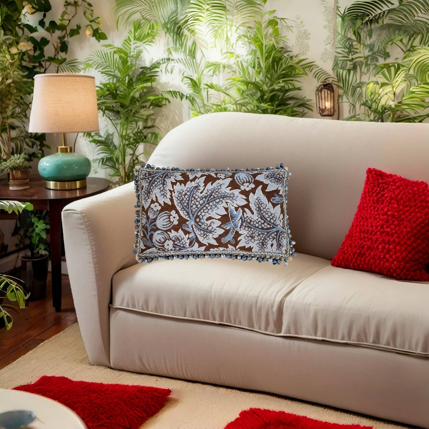 Handmade Wool Needlepoint Pillow Cover - Decorative Throw Cushion Cover - Vintage Floral Embroidery Design blue grape leaves brown background with tassels