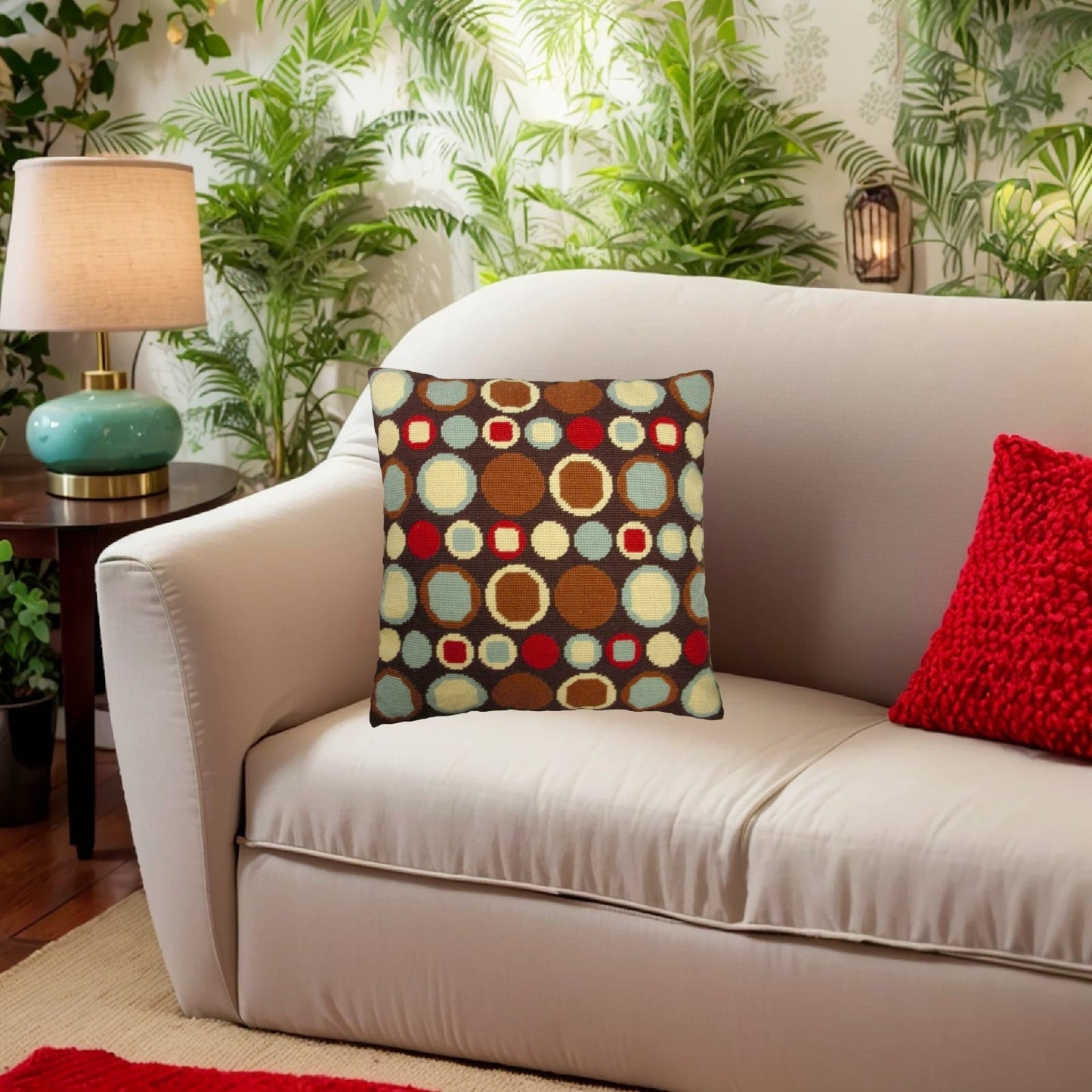 Handmade Wool Needlepoint Pillow Cover - Decorative Throw Cushion Cover - Vintage Floral Embroidery Design different sizes dots in shade of brown,green,cream,red,brown background