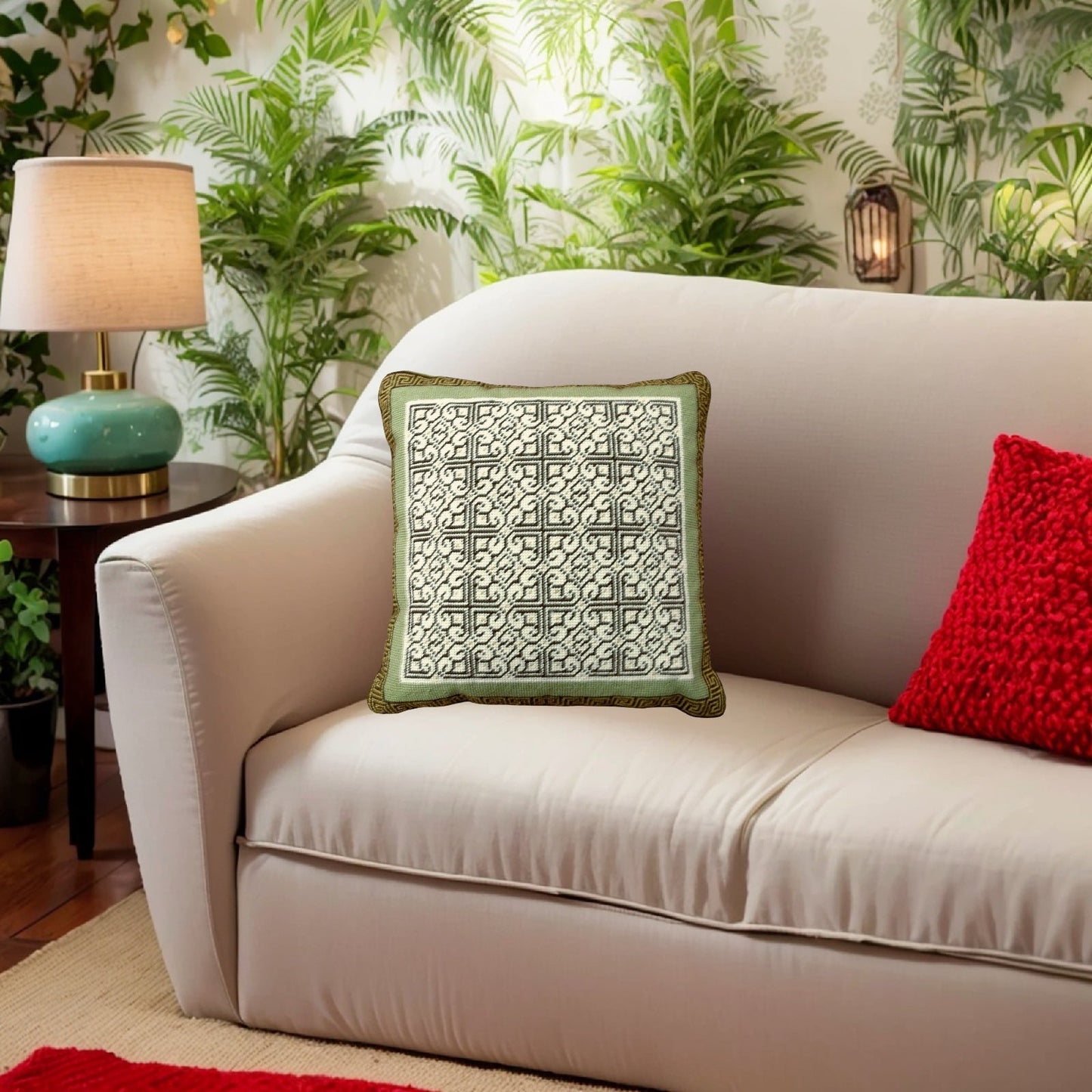 Handmade Wool Needlepoint Pillow Cover - Decorative Throw Cushion Cover - Vintage Floral Embroidery Design tapestry heartscroll multi design green/brown