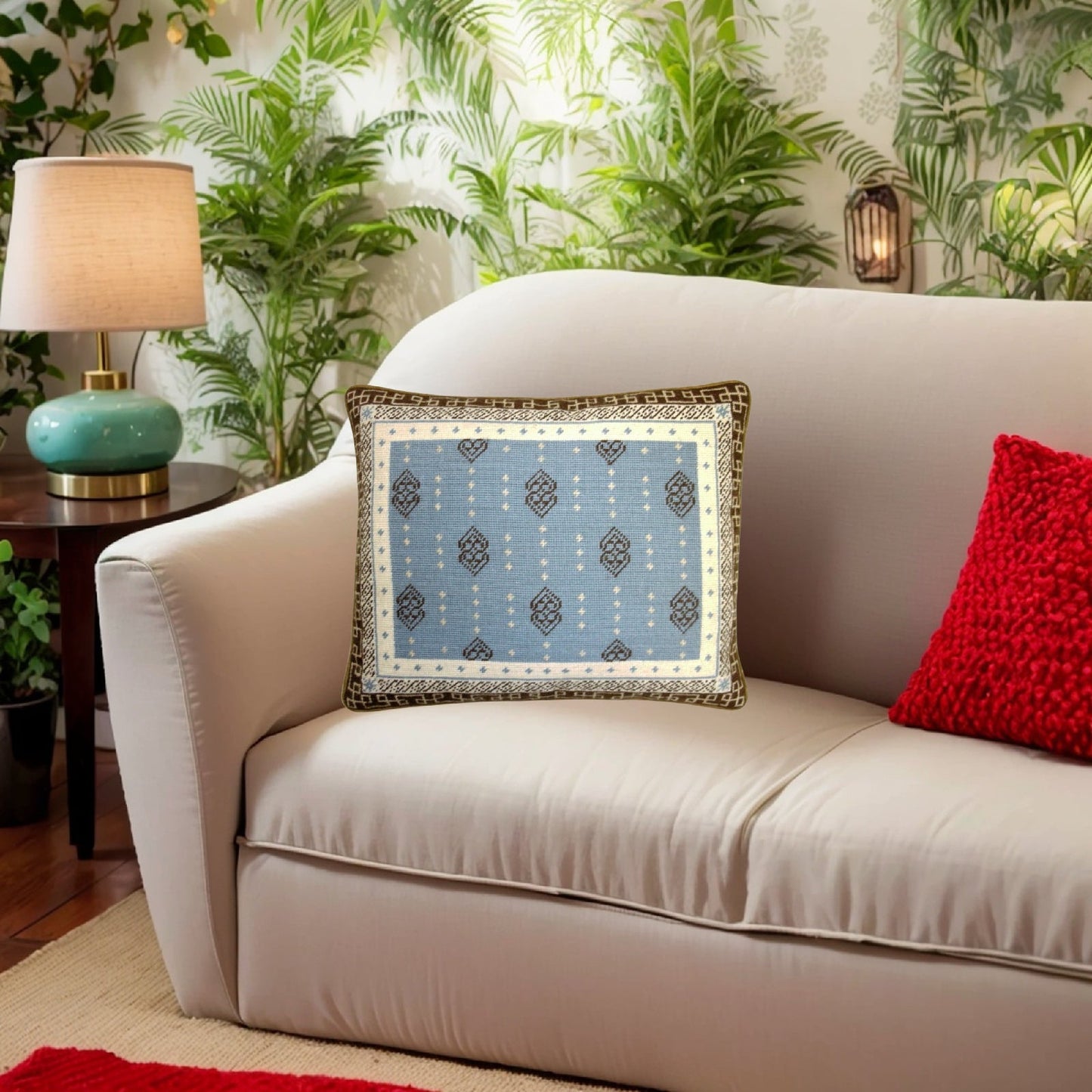 Handmade Wool Needlepoint Pillow Cover - Decorative Throw Cushion Cover - Vintage Floral Embroidery Design blue/brown heartscroll rct design