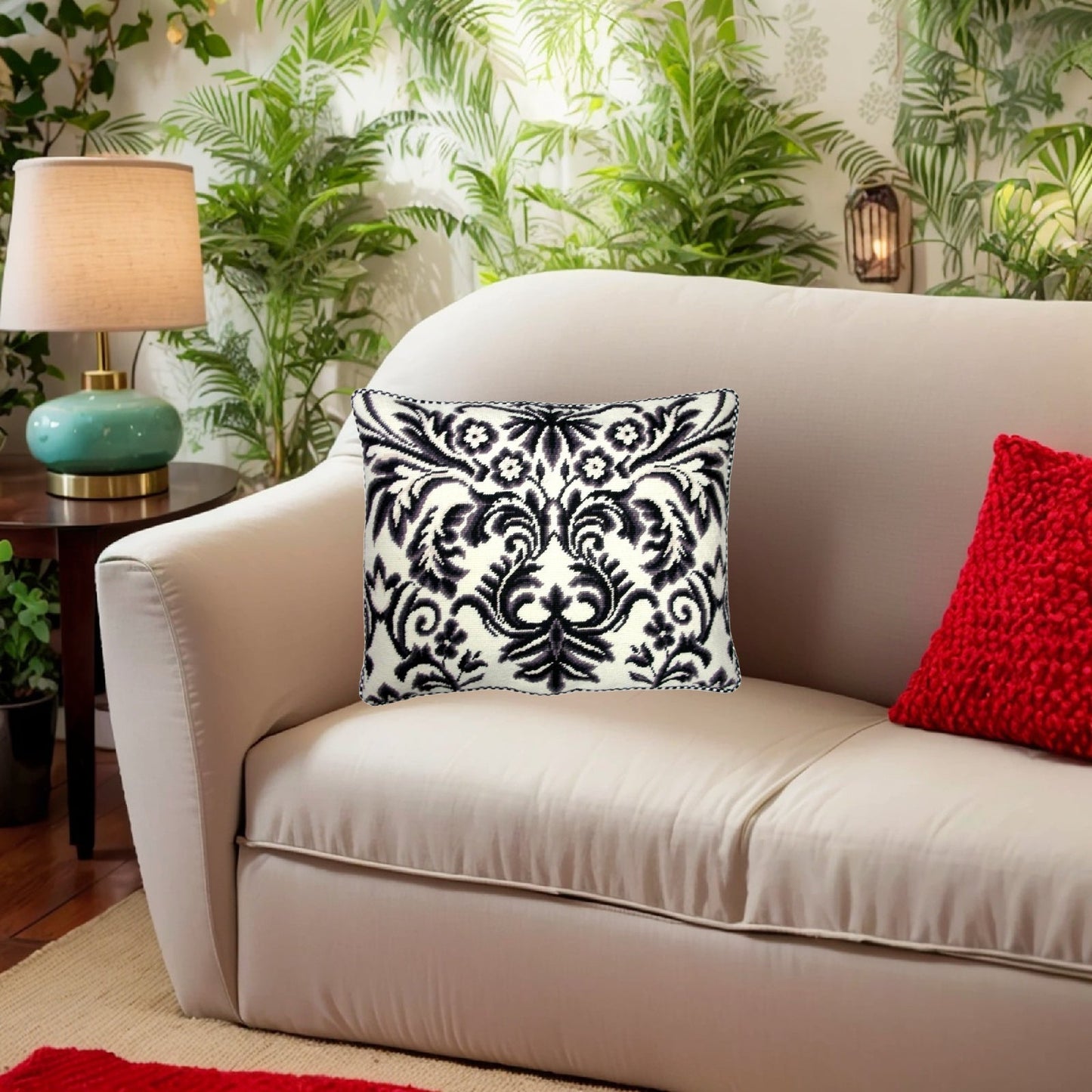 Handmade Wool Needlepoint Pillow Cover - Decorative Throw Cushion Cover - Vintage Floral Embroidery Design b/w floral design with 2 color cording