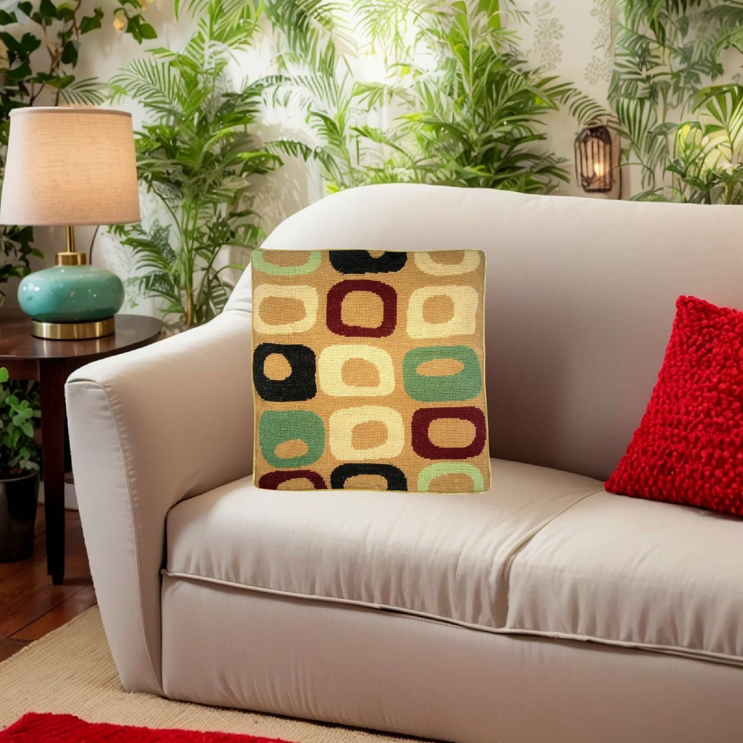 Handmade Wool Needlepoint Pillow Cover - Decorative Throw Cushion Cover - Vintage Floral Embroidery Design little square in red, green, sand on gold background