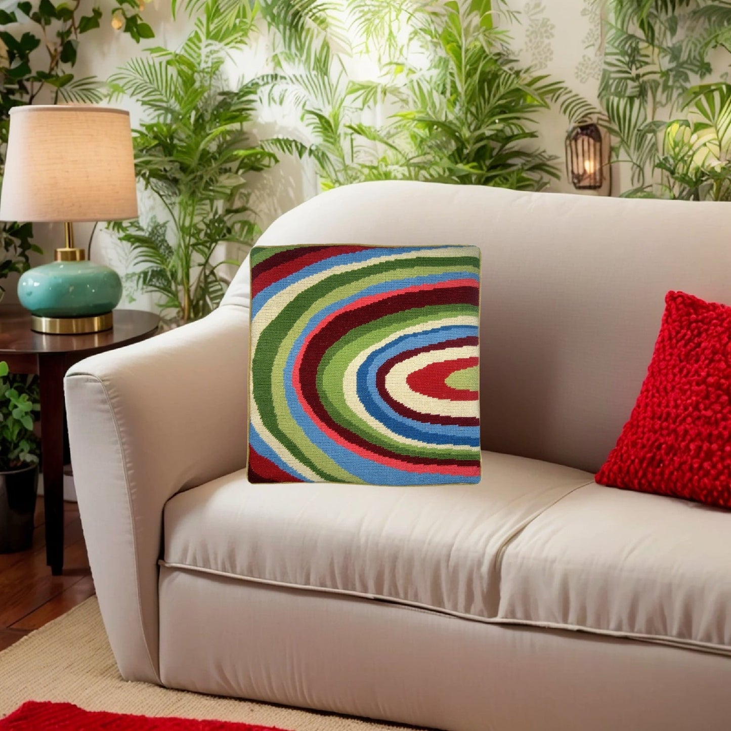 Handmade Wool Needlepoint Pillow Cover - Decorative Throw Cushion Cover - Vintage Floral Embroidery Design water wave in green, red, sand, blue