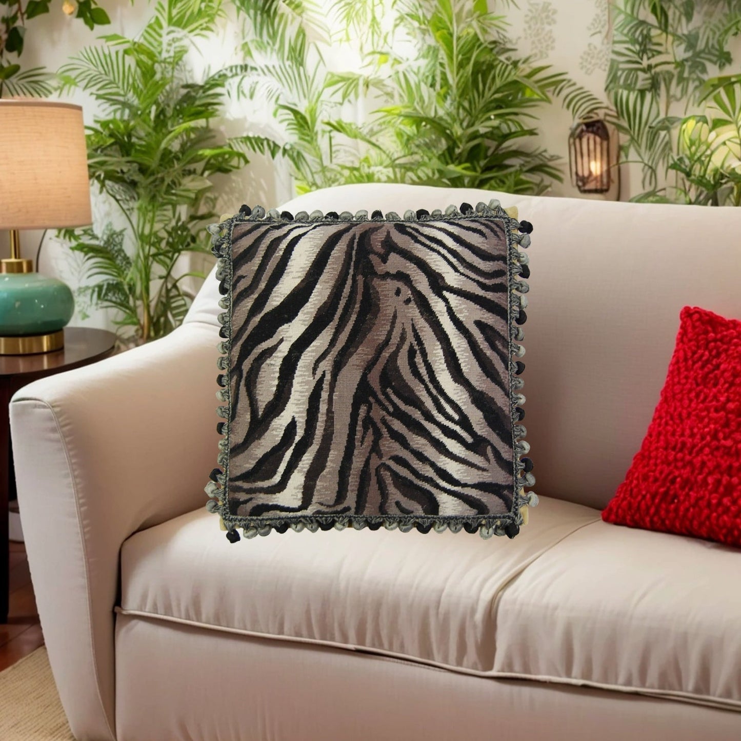 Handmade Wool Needlepoint Pillow Cover - Decorative Throw Cushion Cover - Vintage Floral Embroidery Design Zabera animal print with bush tassel