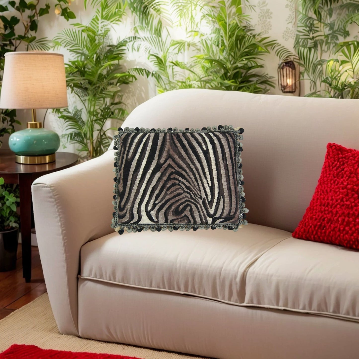 Handmade Wool Needlepoint Pillow Cover - Decorative Throw Cushion Cover - Vintage Floral Embroidery Design  Zabera animal print with 3 color tassel