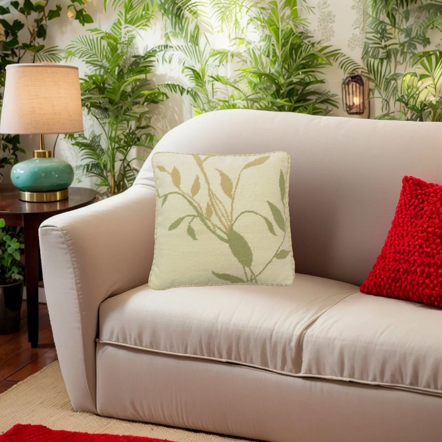 Handmade Wool Needlepoint Pillow Cover - Decorative Throw Cushion Cover - Vintage Floral Embroidery Design green/yellow leaves off-white background with cording