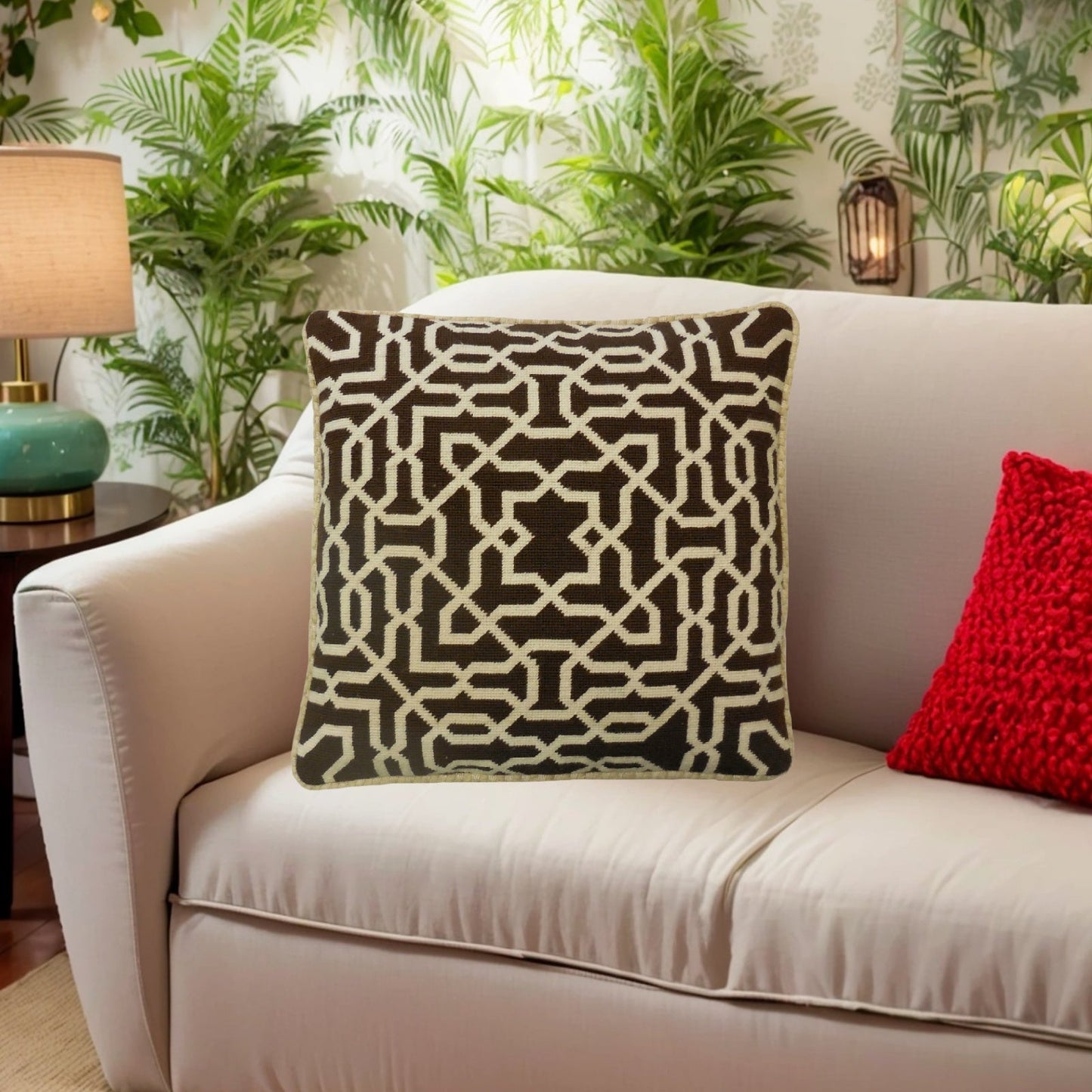 Handmade Wool Needlepoint Pillow Cover - Decorative Throw Cushion Cover - Vintage Floral Embroidery Design brown small window designs checker cording