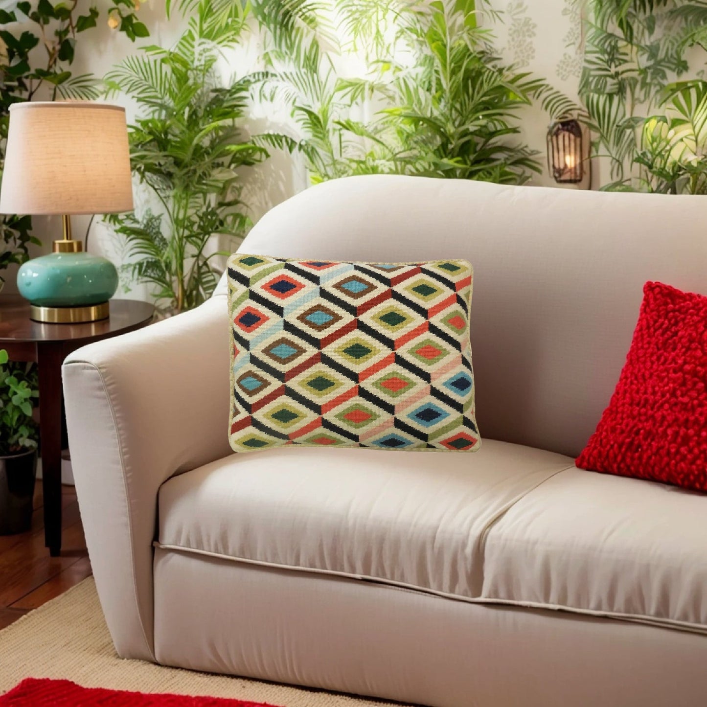 Handmade Wool Needlepoint Pillow Cover - Decorative Throw Cushion Cover - Vintage Floral Embroidery Design Grosspont multi-color 3D squares checker cording