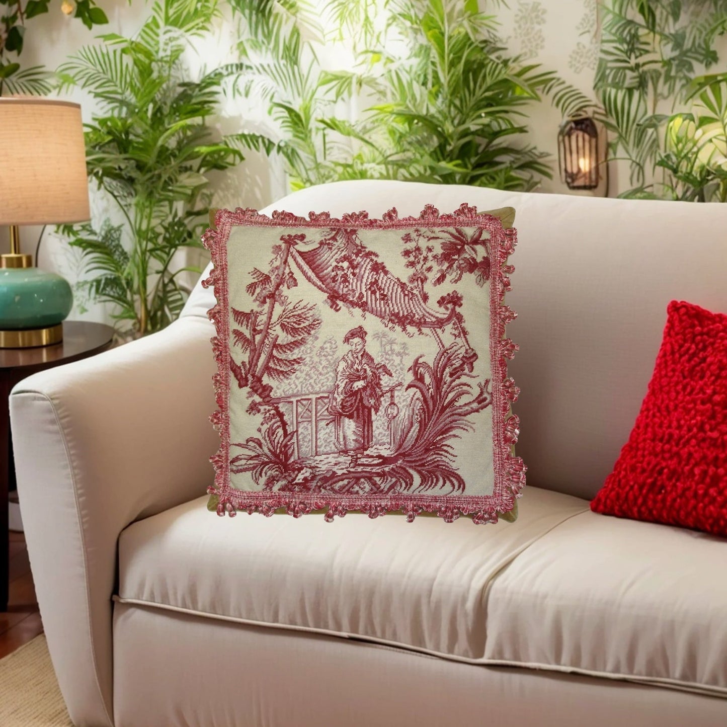 Handmade Wool Needlepoint Pillow Cover - Decorative Throw Cushion Cover - Vintage Floral Embroidery Design  Chinese fishman red/white