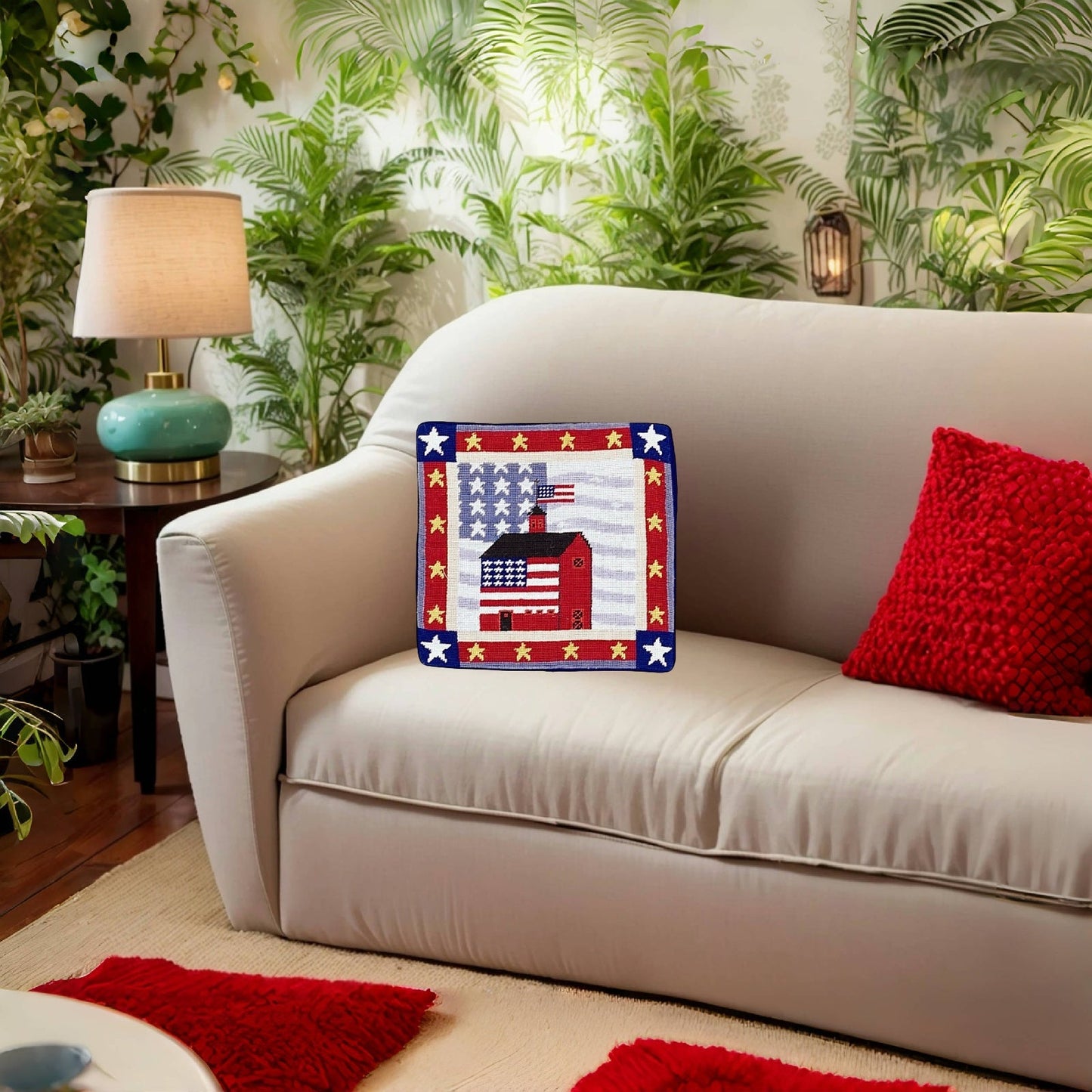 Handmade Wool Needlepoint Pillow Cover - Decorative Throw Cushion Cover - Vintage Floral Embroidery Design red house gold stars around