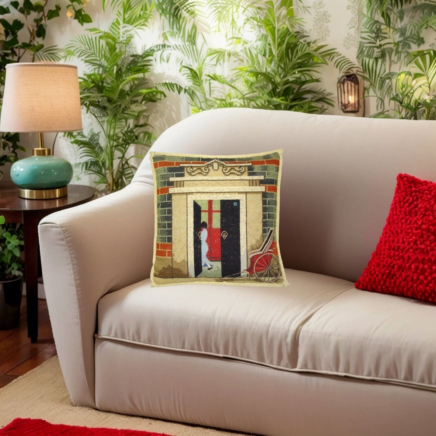 Handmade Wool Needlepoint Pillow Cover - Decorative Throw Cushion Cover - Vintage Floral Embroidery Design  Shanghai ShiKuMen with cording II