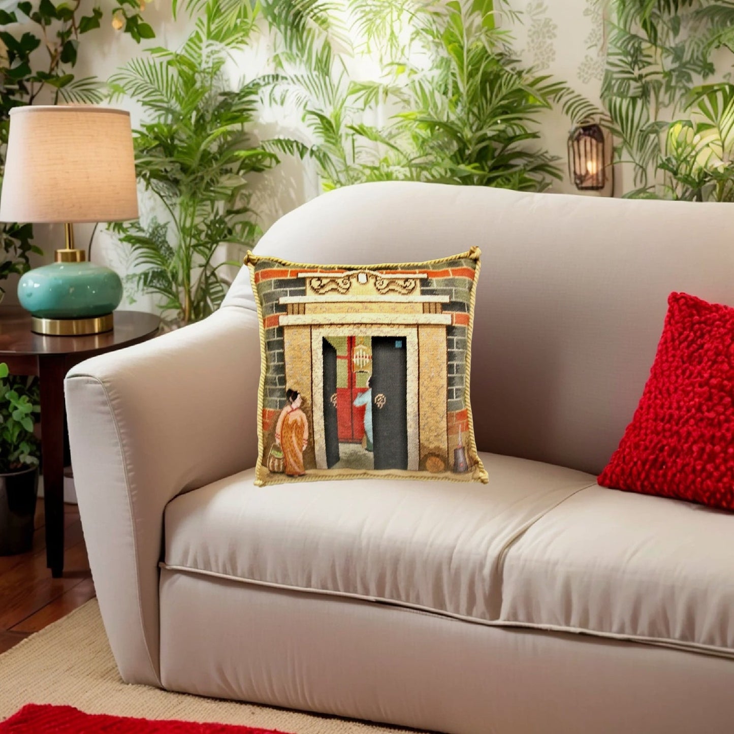 Handmade Wool Needlepoint Pillow Cover - Decorative Throw Cushion Cover - Vintage Floral Embroidery Design  Shanghai ShiKuMen with cording